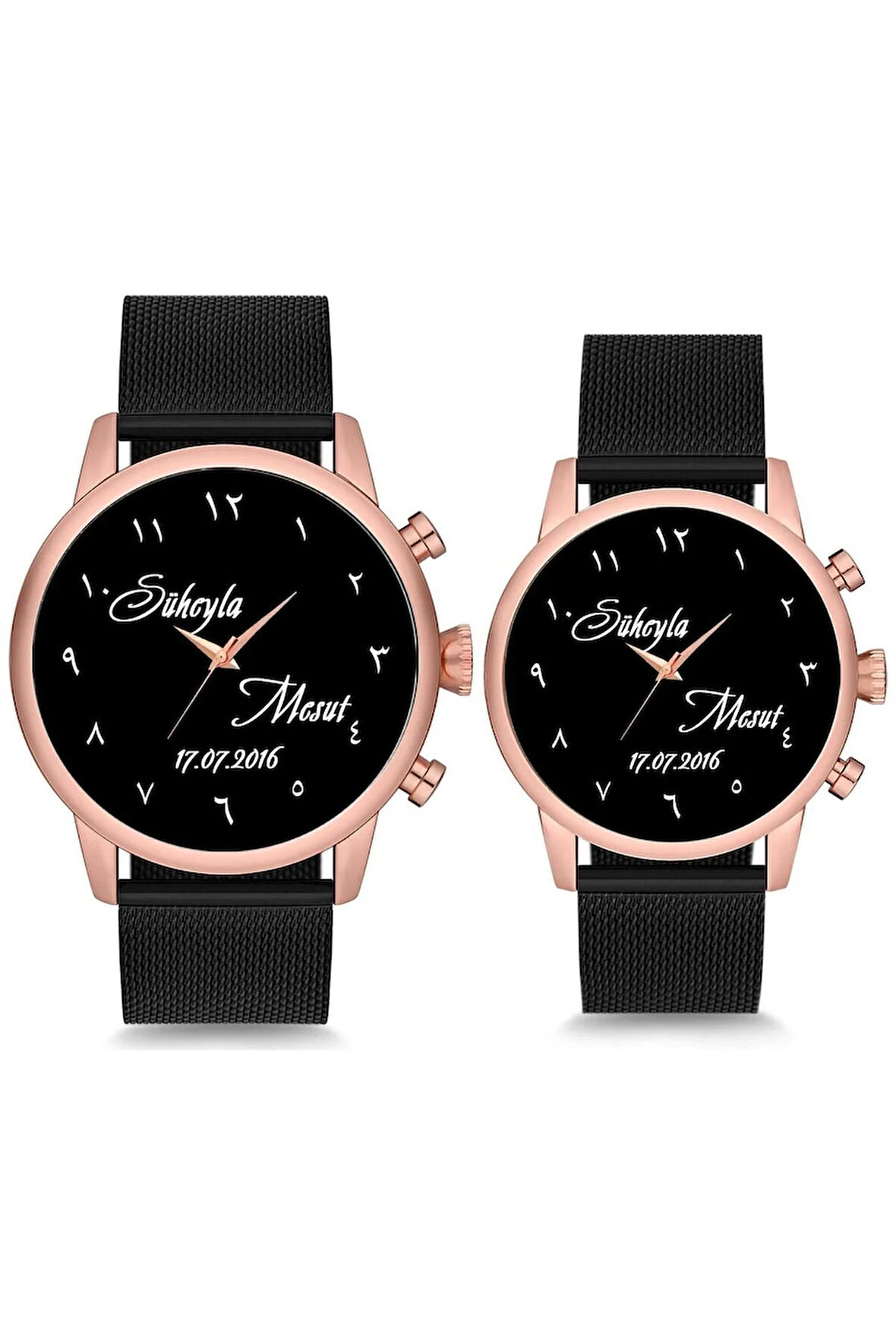 Çift Saatleri Sevgili Saati Arapça Kadran İsimli ve Tarihli Çift Kol Saatleri