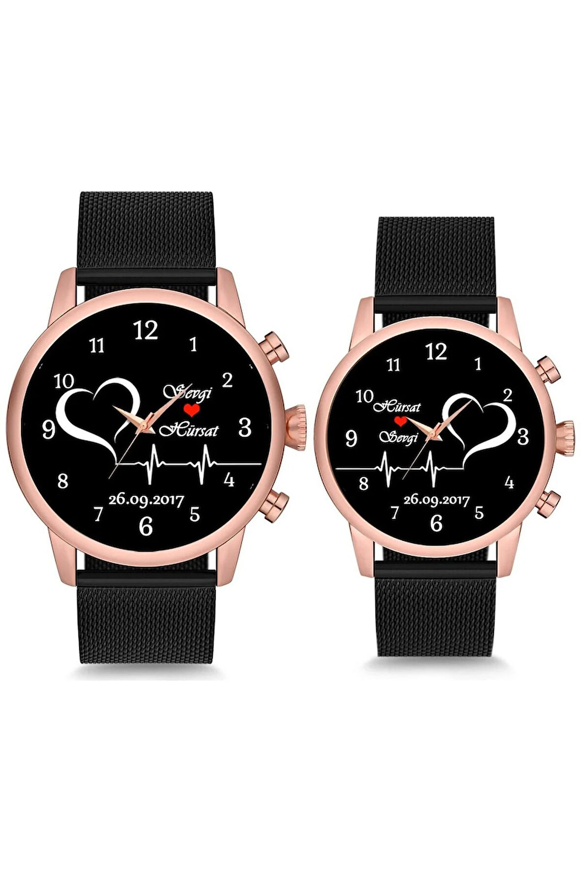 Çift Saatleri Sevgili Saati Siyah Ritim Kalp İsimli ve Tarihli Çift Kol Saatleri