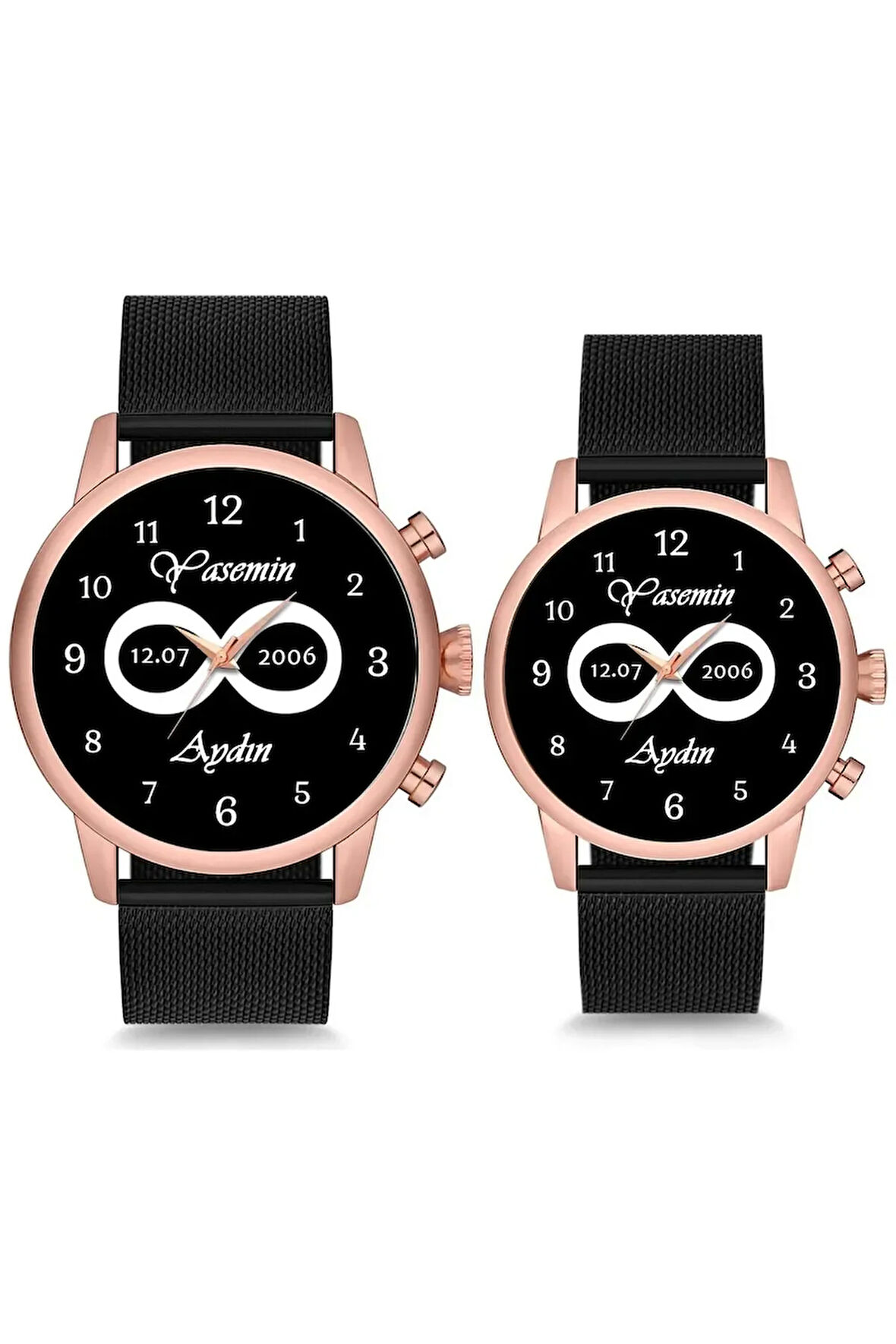 Çift Saatleri Siyah Sade Sonsuzluk Sevgili Saati İsim ve Tarih Baskılı