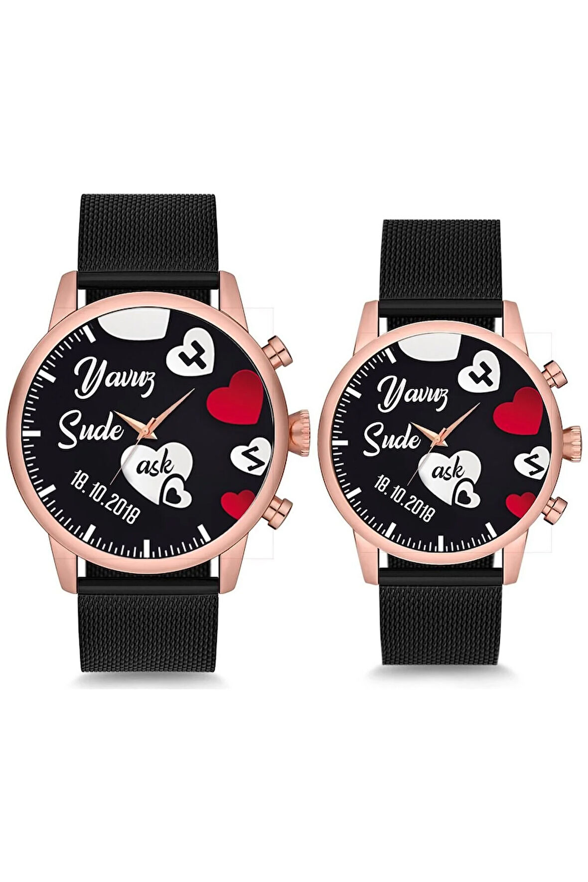 Çift Saatleri Sevgili Saati Sağda Kalpler İsimli ve Tarihli Çift Kol Saatleri