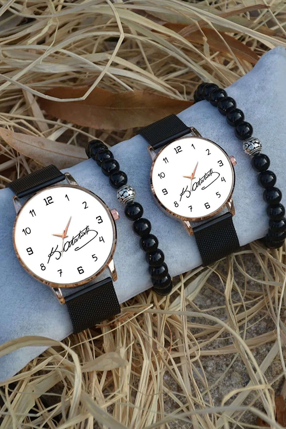 Siyah Rose Gold Hasır Çift Atatürk Imzalı Saat Ve Bileklik Çift Sevgili Saatleri