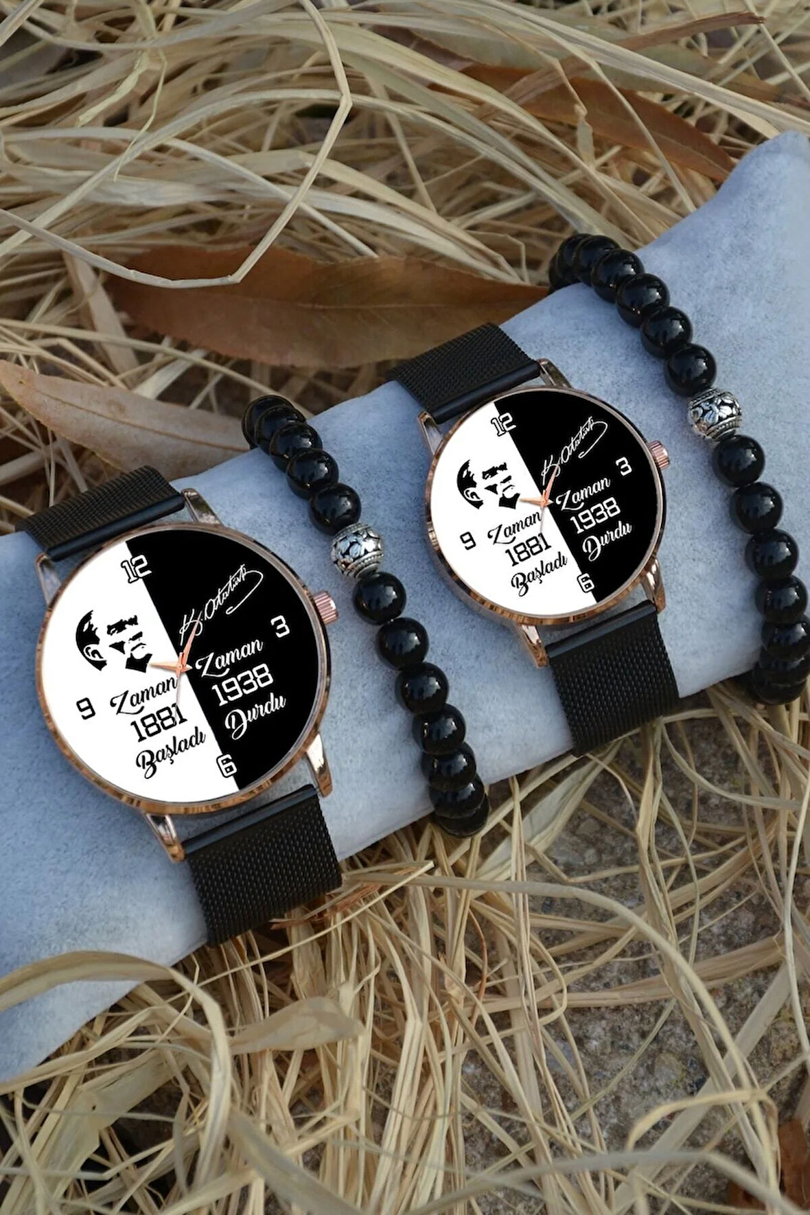 Siyah Rose Gold Hasır Çift Atatürk Imzalı Saat Çift Sevgili Saatleri