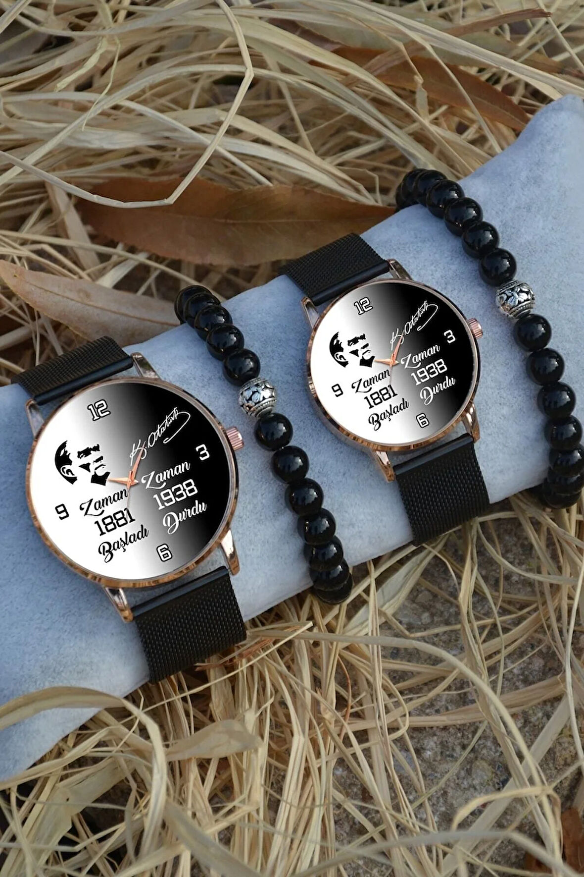 Siyah Rose Gold Hasır Çift Atatürk Saat Ve Bileklik Çift Sevgili Saatleri
