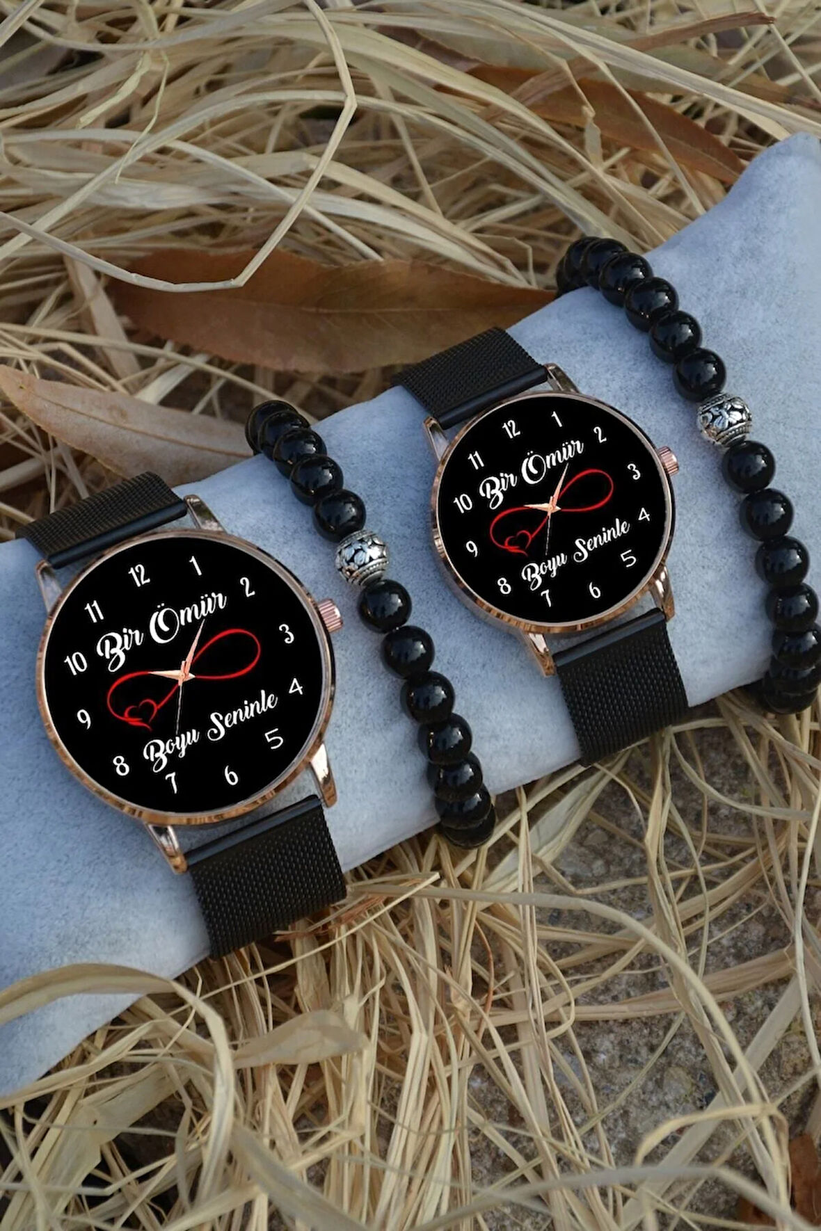 Siyah Rose Gold Hasır Çift Bir Ömür Boyu Saat Ve Bileklik Hediyeli Çift Sevgili Saatleri