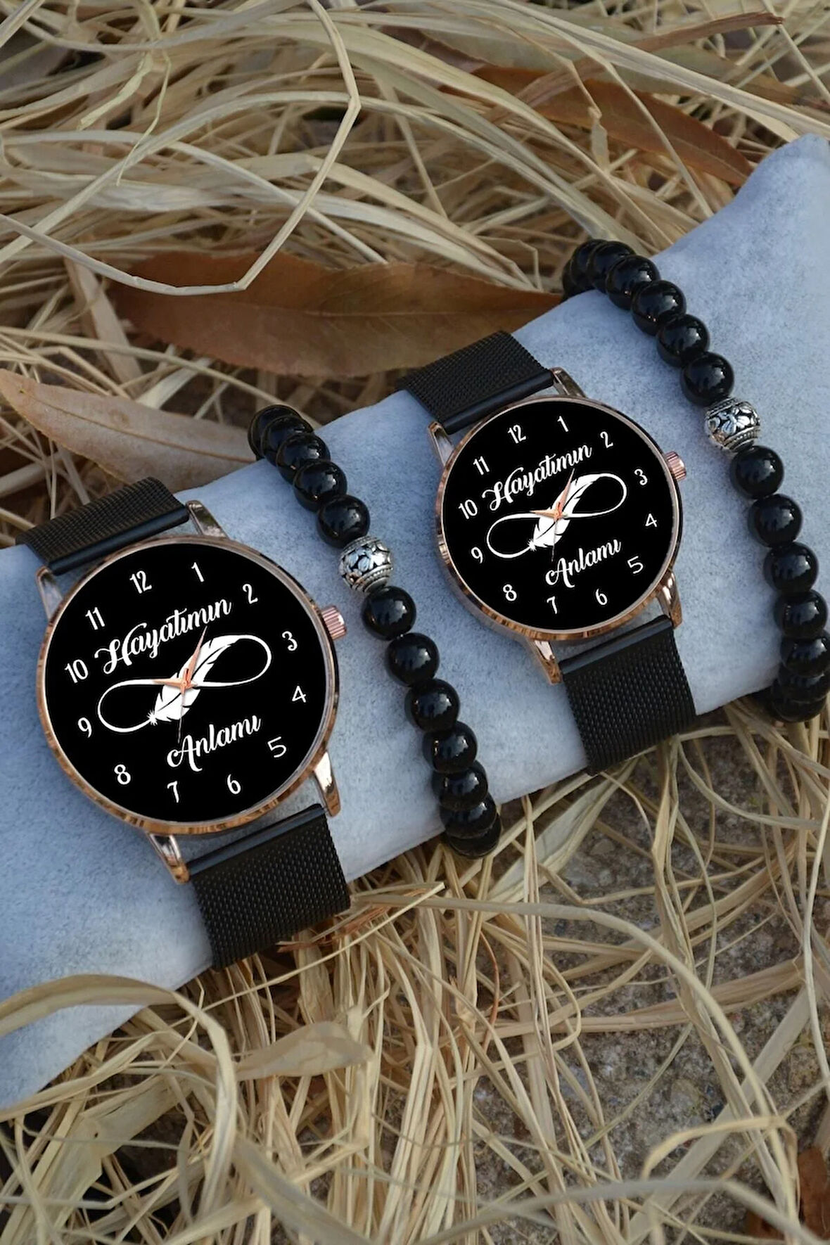 Siyah Rose Gold Hasır Çift Hayatımın Anlamı Saat Ve Bileklik Hediyeli Sevgili Çift Saatleri
