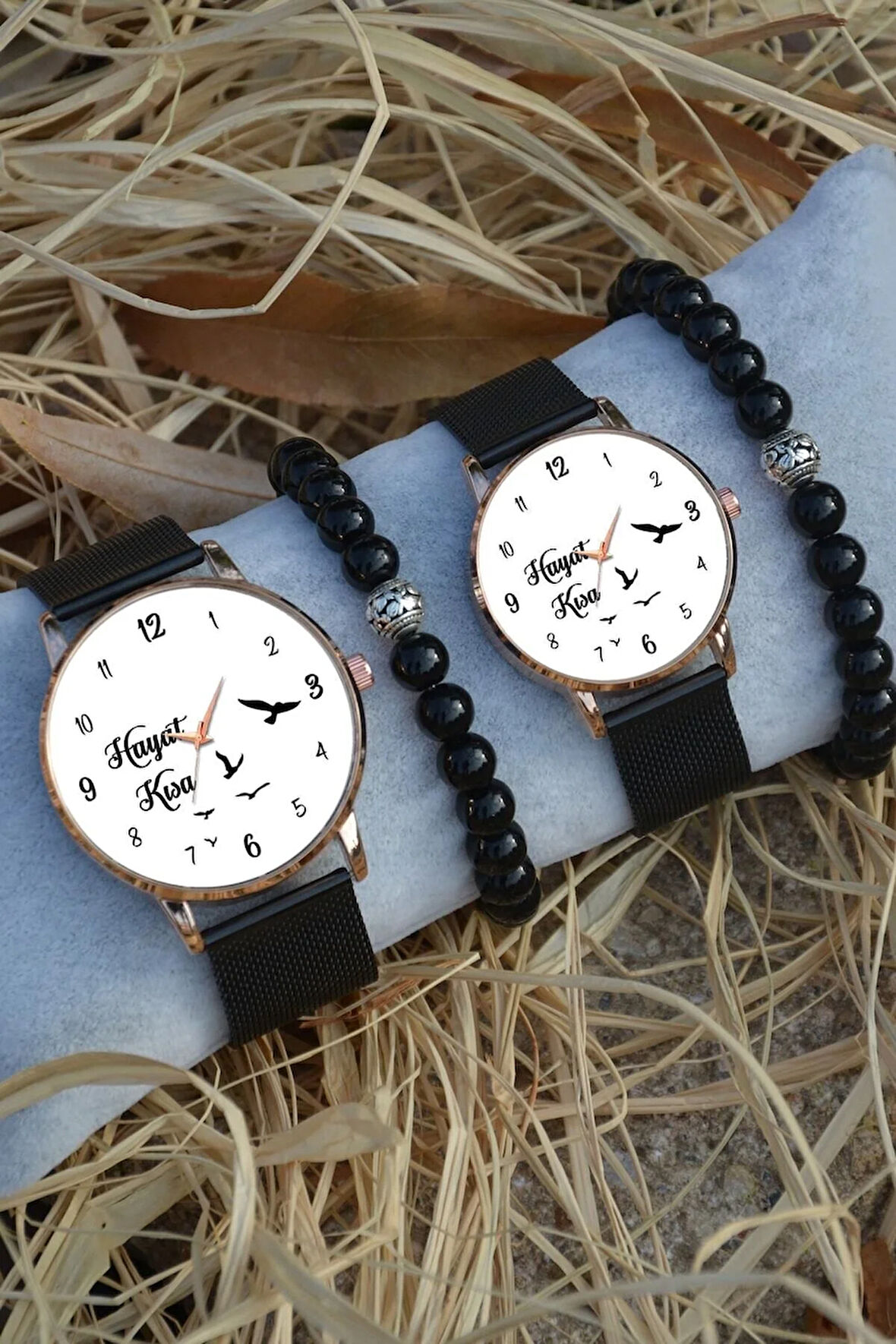 Siyah Rose Gold Hasır Çift Hayat Kısa Kuslar Uçuyor Saat Ve Bileklik Hediyeli