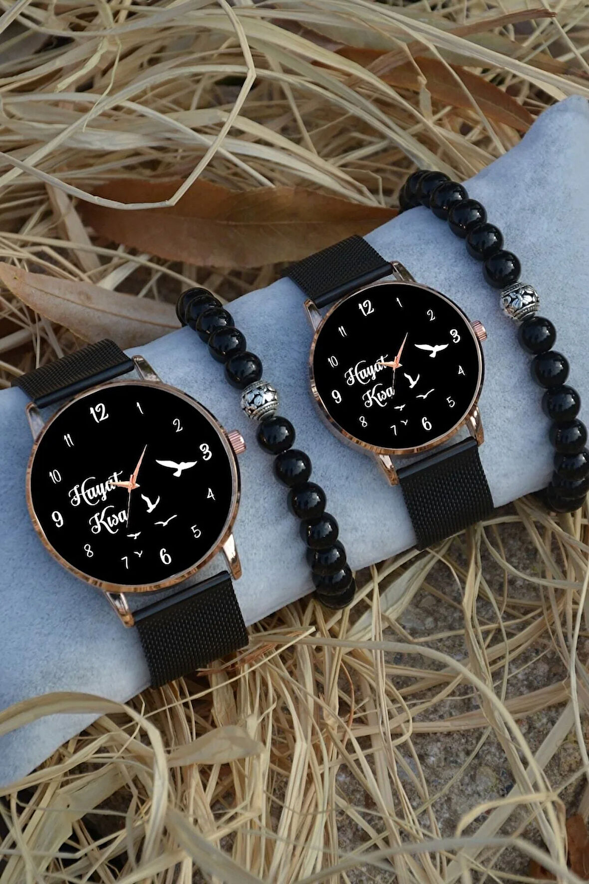 Siyah Rose Gold Hasır Çift Hayat Kısa Saat Ve Bileklik Çift Sevgili Saatleri