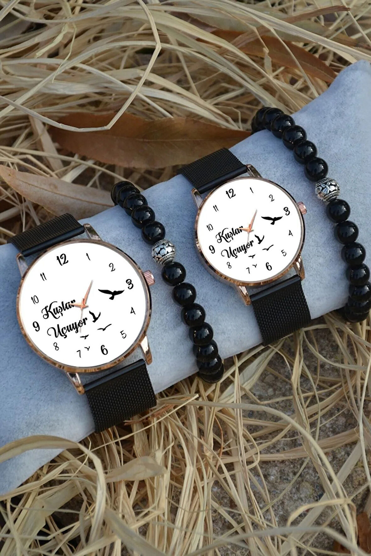 Siyah Rosegold Hasır Çift Kuşlar Uçuyor Beyaz Saat ve Bileklik Çift Sevgili Saatleri