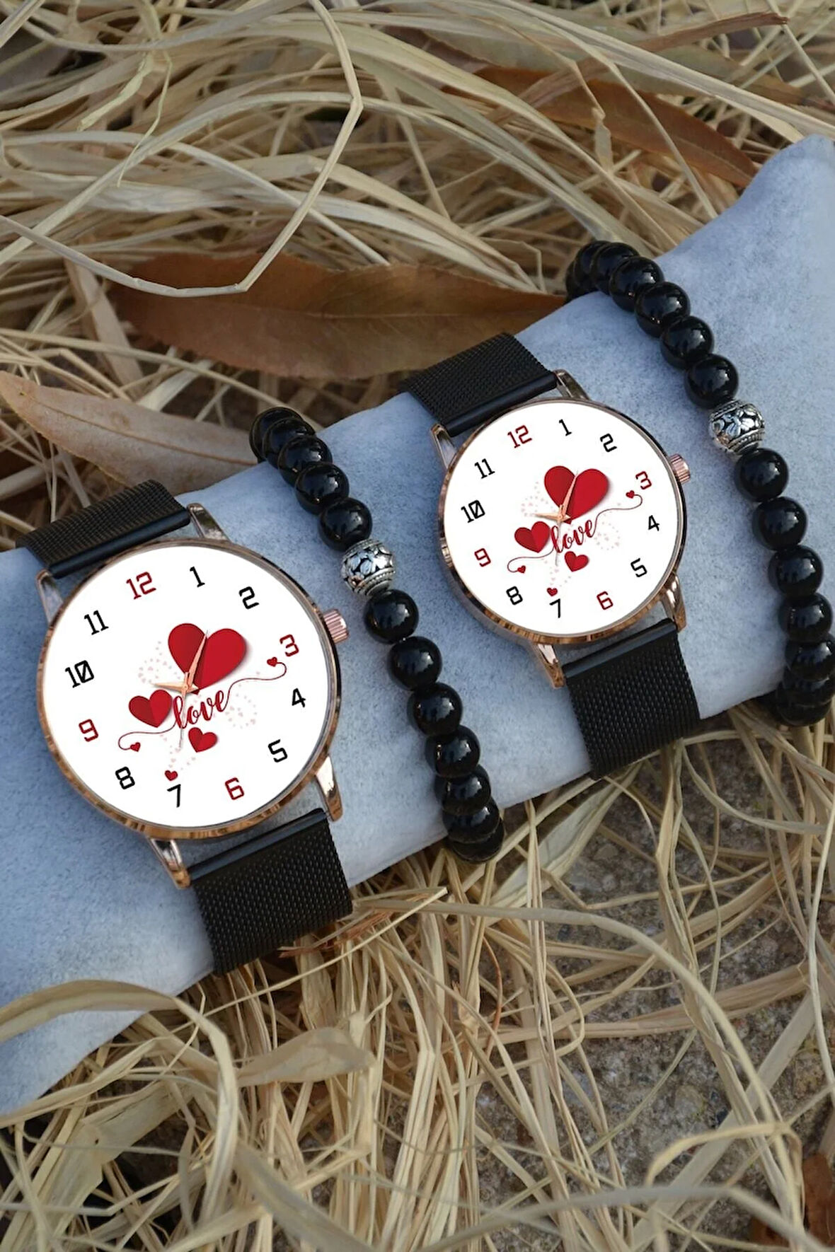 Siyah Rose Gold Hasır Çift Kalpli Love Saat Ve Bileklik Çift Sevgili Saatleri