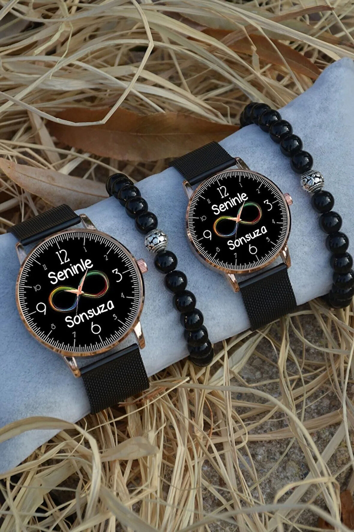 Siyah Rose Gold Hasır Çift Seninle Sonsuza Saat Ve Bileklik Hediyeli Çift Saatleri