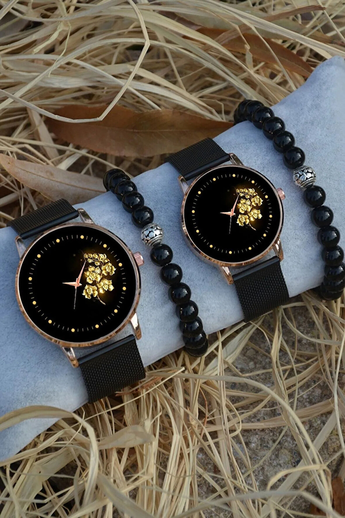 Siyah Rose Gold Hasır Çift Altın Gül Saat Ve Bileklik Çift Sevgili Saatleri