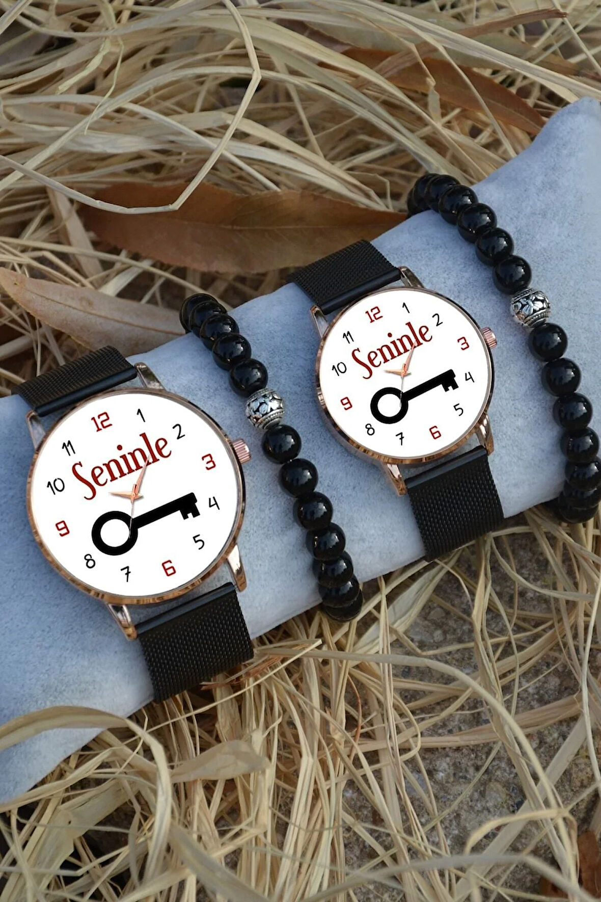 Siyah Rose Gold Hasır Çift Seninle Kilit Saat Ve Bileklik Hediyeli Çift Sevgili Saatleri