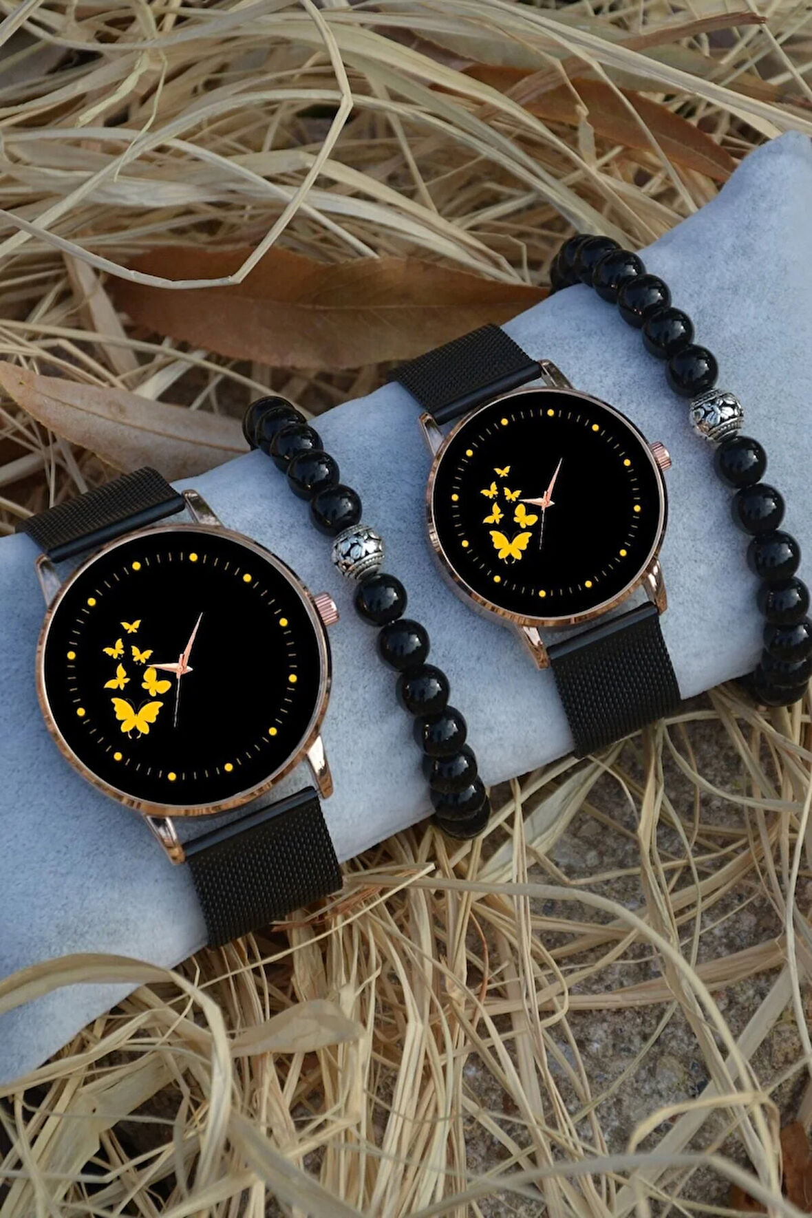 Siyah Rose Gold Hasır Çift Sarı Kelebek Saat Ve Bileklik Hediyeli Çift Sevgili Saatleri