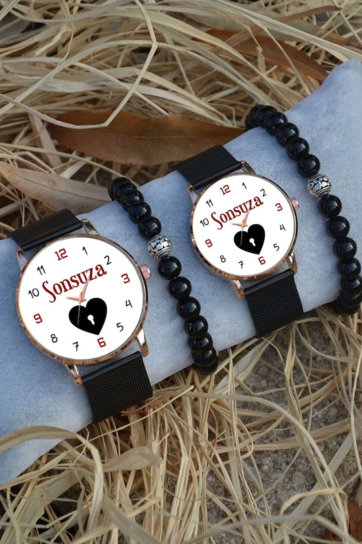 Siyah Rose Gold Hasır Çift Sonsuza Kalp Saat ve Bileklik Çift Sevgili Saatleri