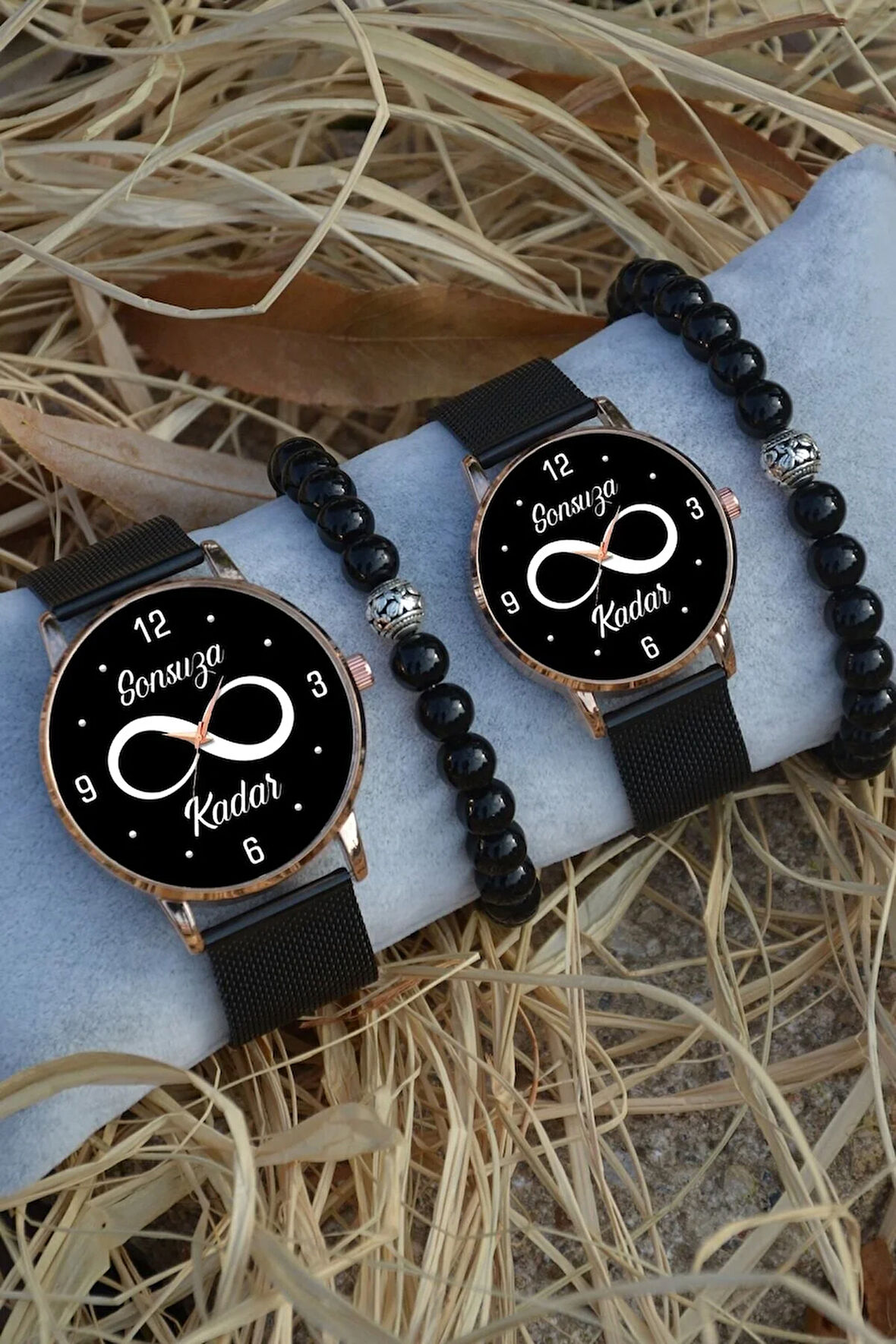 Sevgili Saati Siyah Rose Gold Hasır Çift Sonsuza Kadar Saat Ve Bileklik Hediyeli Çift Saatleri