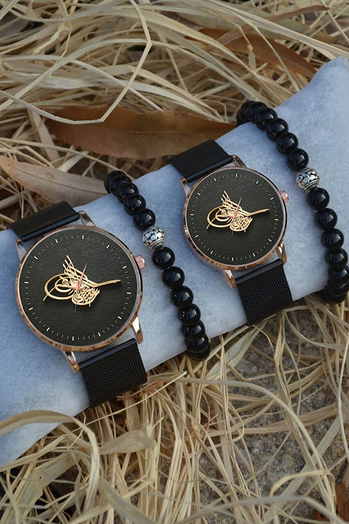 Siyah Rose Gold Hasır Çift Osmanlı Tuğra Saat Ve Bileklik Çift Sevgili Saatleri