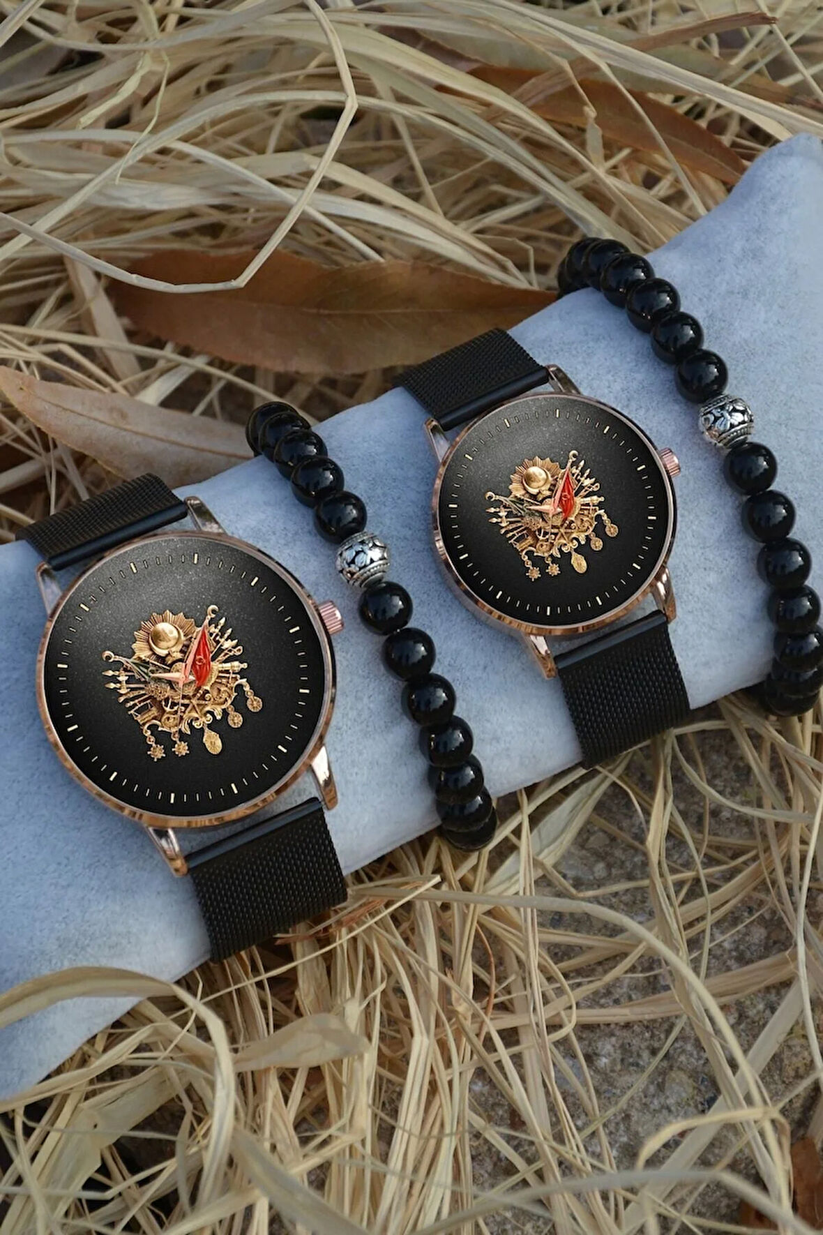 Siyah Rose Gold Hasır Çift Tuğra Saat Ve Bileklik Hediyeli Çift Sevgili Saatleri
