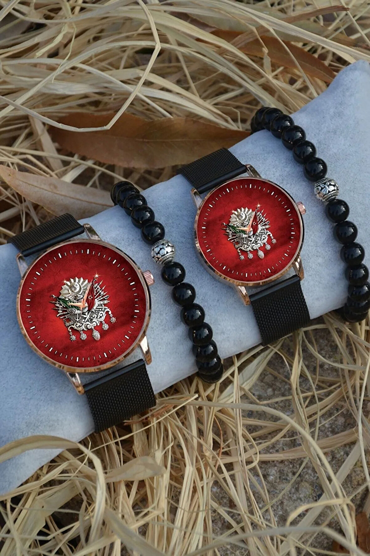 Siyah Rose Gold Hasır Çift Kırmızı Tuğra Saat Ve Bileklik Hediyeli Çift Sevgili Saatleri