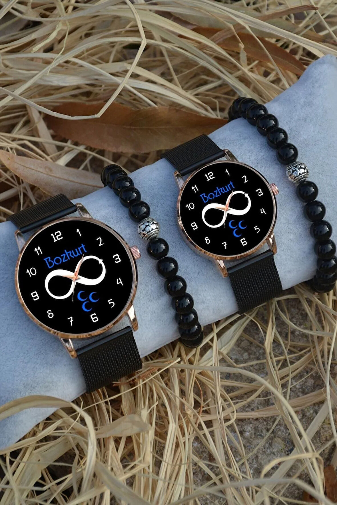 Siyah Sonsuzluk Bozkurt Desenli Çift Sevgili Kol Saatleri