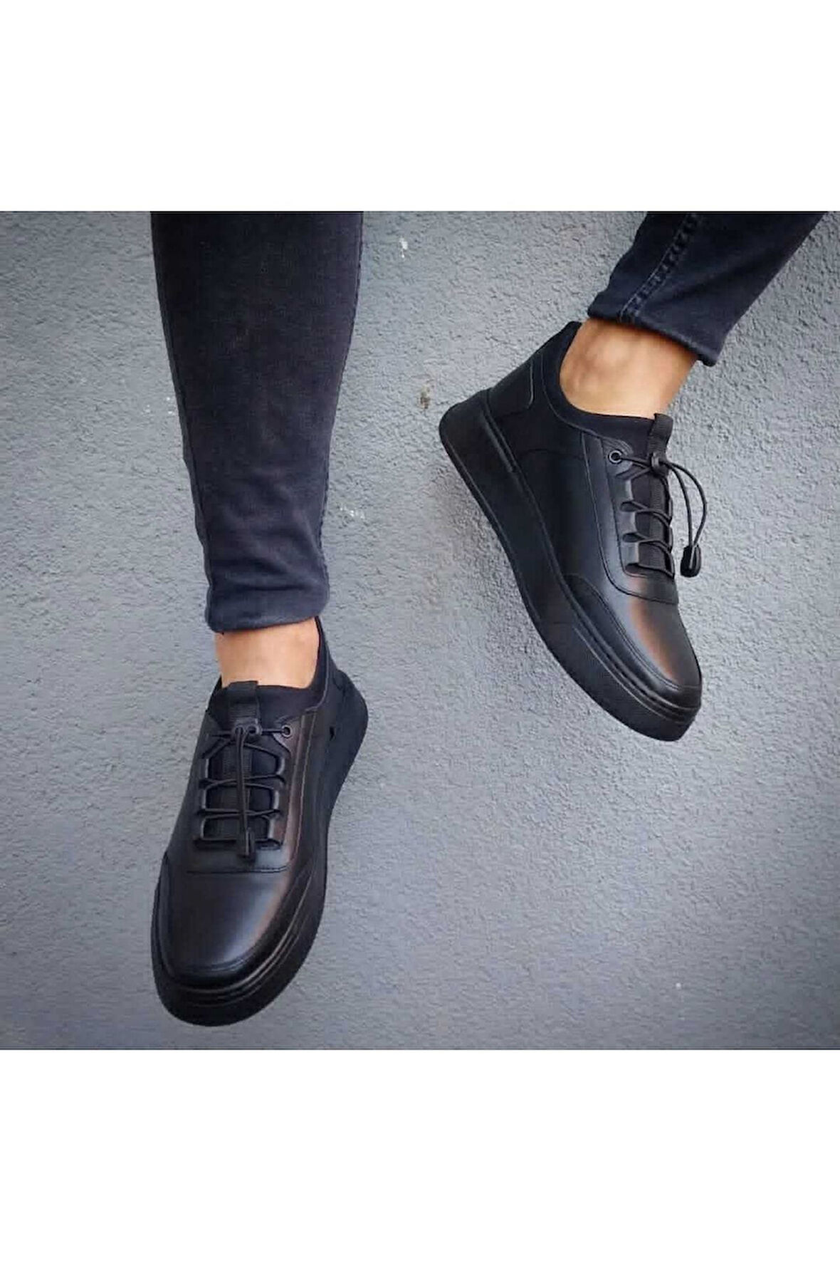 Hakiki Deri Streç Siyah Günlük Ayakkabı