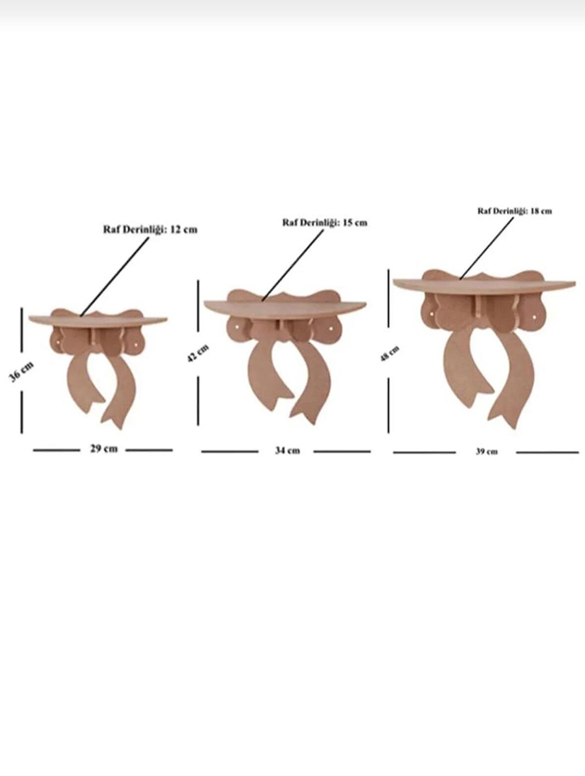 Ahşap Boyanabilir MDF 3 lü Set Dekoratif Fiyonk Duvar Rafı - Terek