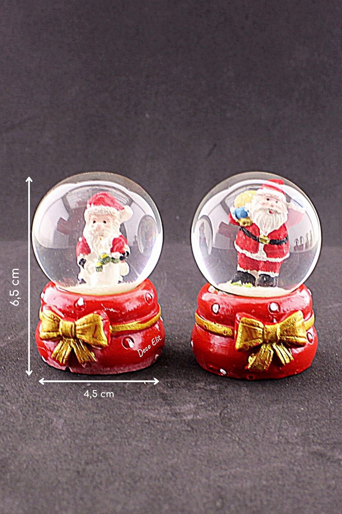Dekoratif 2 Adet Yeni Yıl Noel Baba Temalı Kurdele Detaylı Mini Boy Işıklı Kar Küresi 6,5 cm