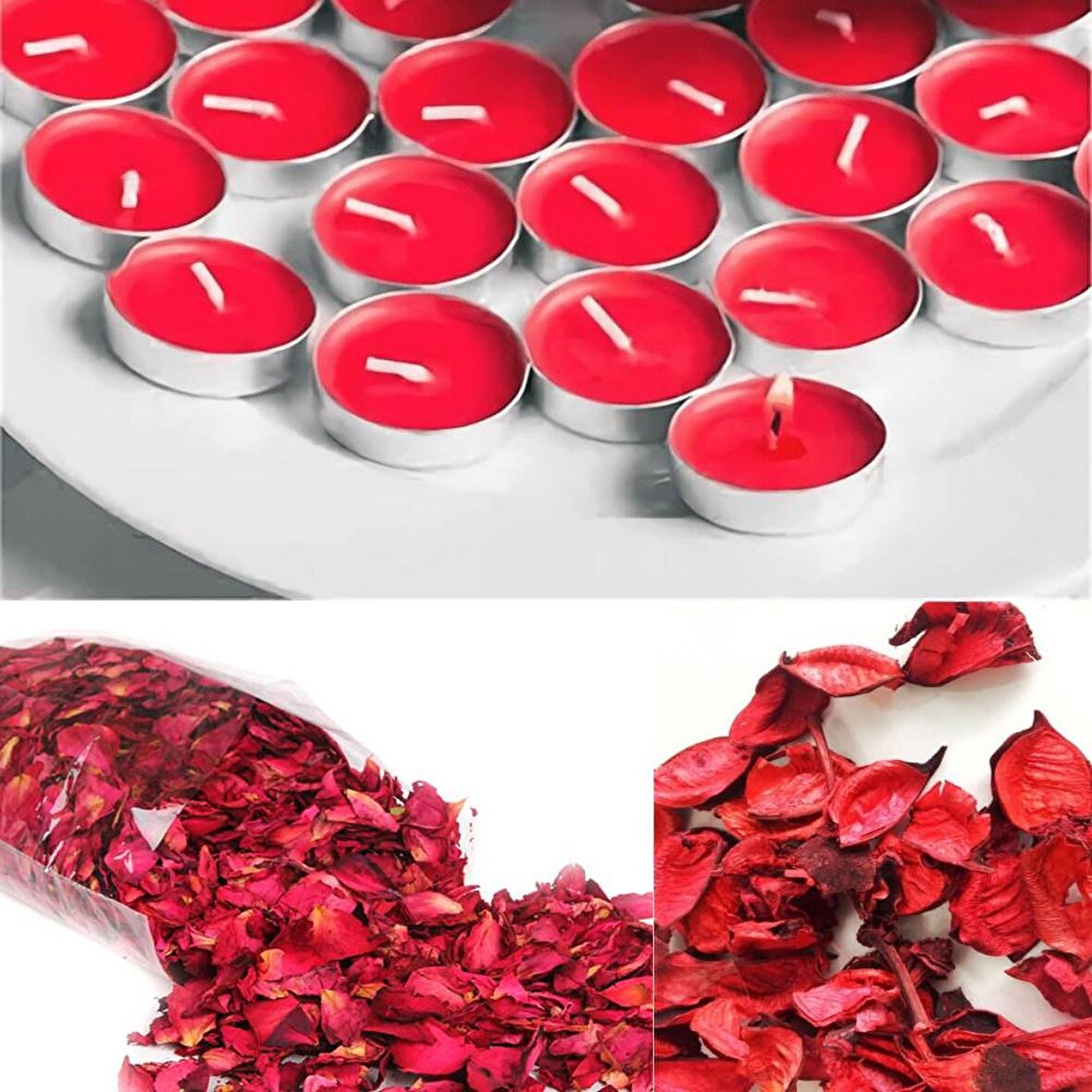 1000 Adet Kuru Gül Yaprağı + 25 Adet Kırmızı Tealight Mum Romantik Süsleme