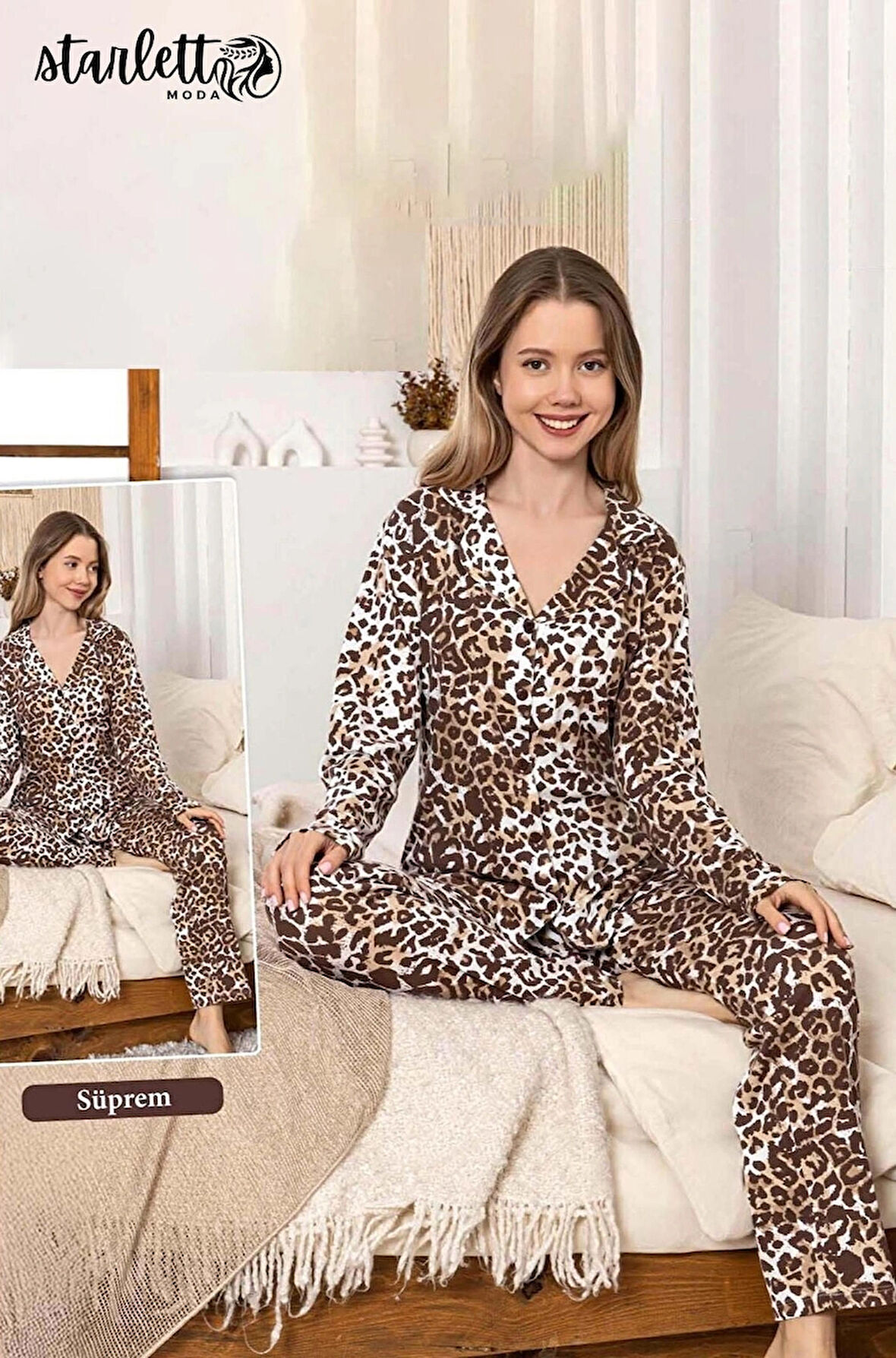 Leopar Desenli Düğmeli Suprem Pijama Takımı