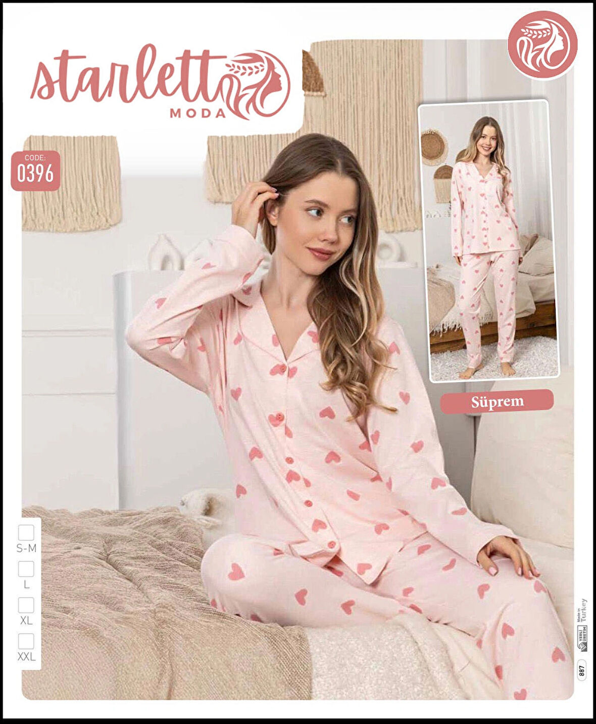 Pembe Kalp Desenli Düğmeli Suprem Pijama Takımı