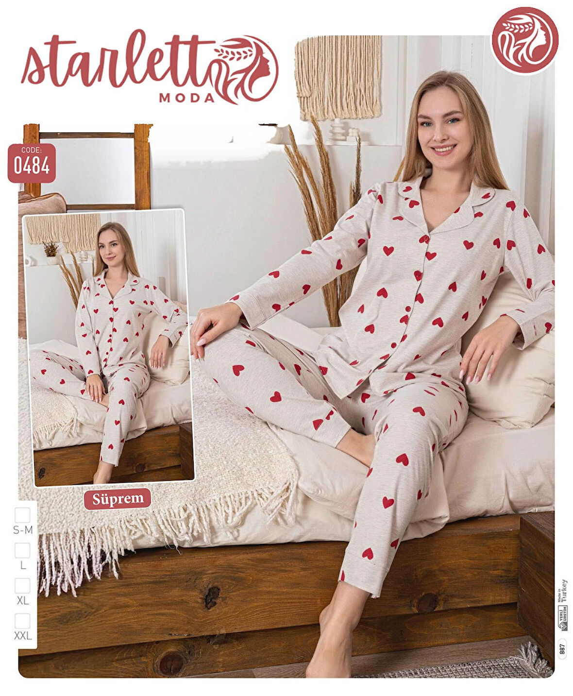 Kalp Desenli Düğmeli Suprem Pijama Takımı