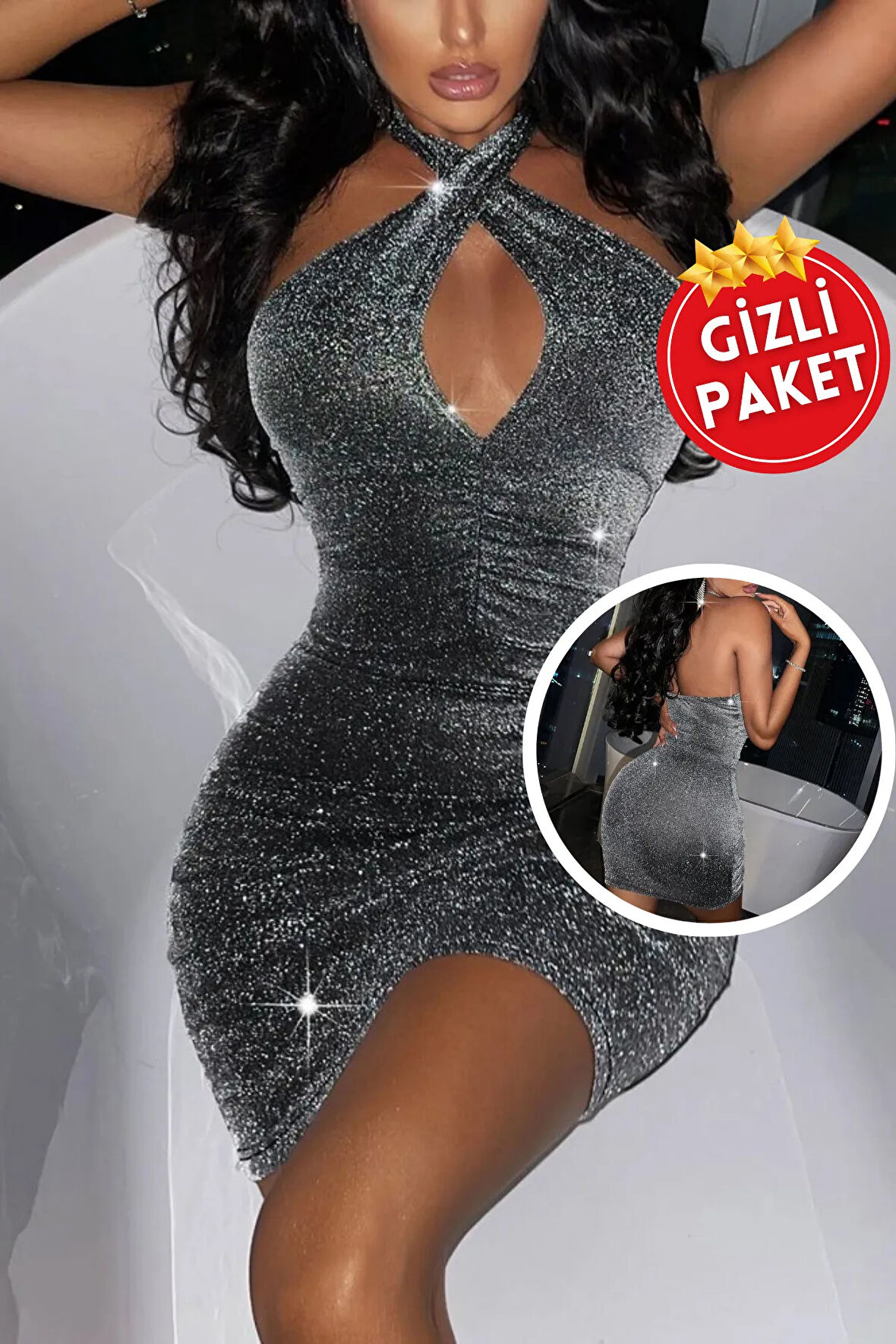 Kadın Gümüş Gri Simli Çapraz Askılı Sırt Dekolteli Mini Elbise, Seksi Mezuniyet Düğün Gece Elbisesi