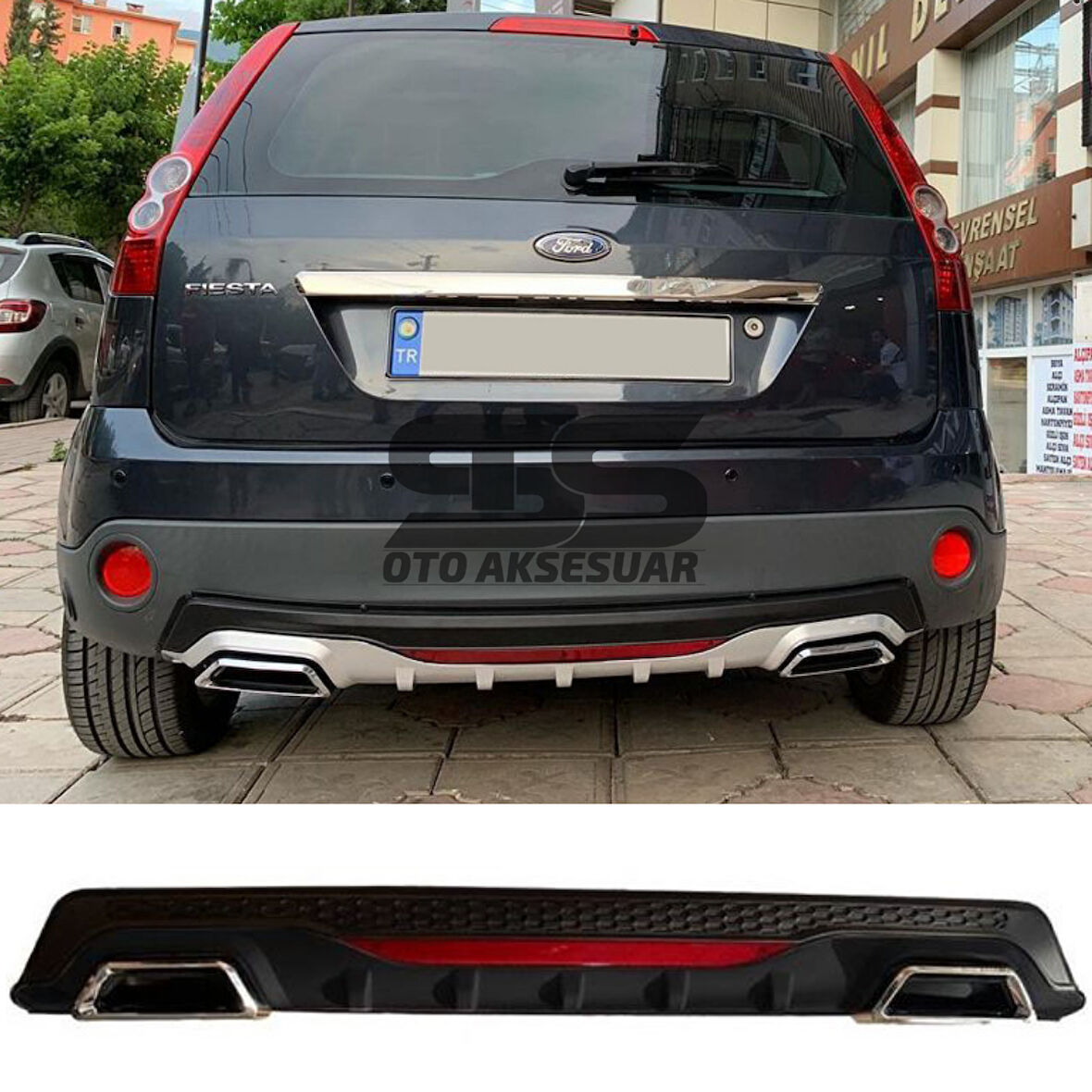 Ford Fiesta 2003-2008 Difüzör Arka Tampon Eki 2 Egzoz Çıkışlı Siyah Reflektörlü
