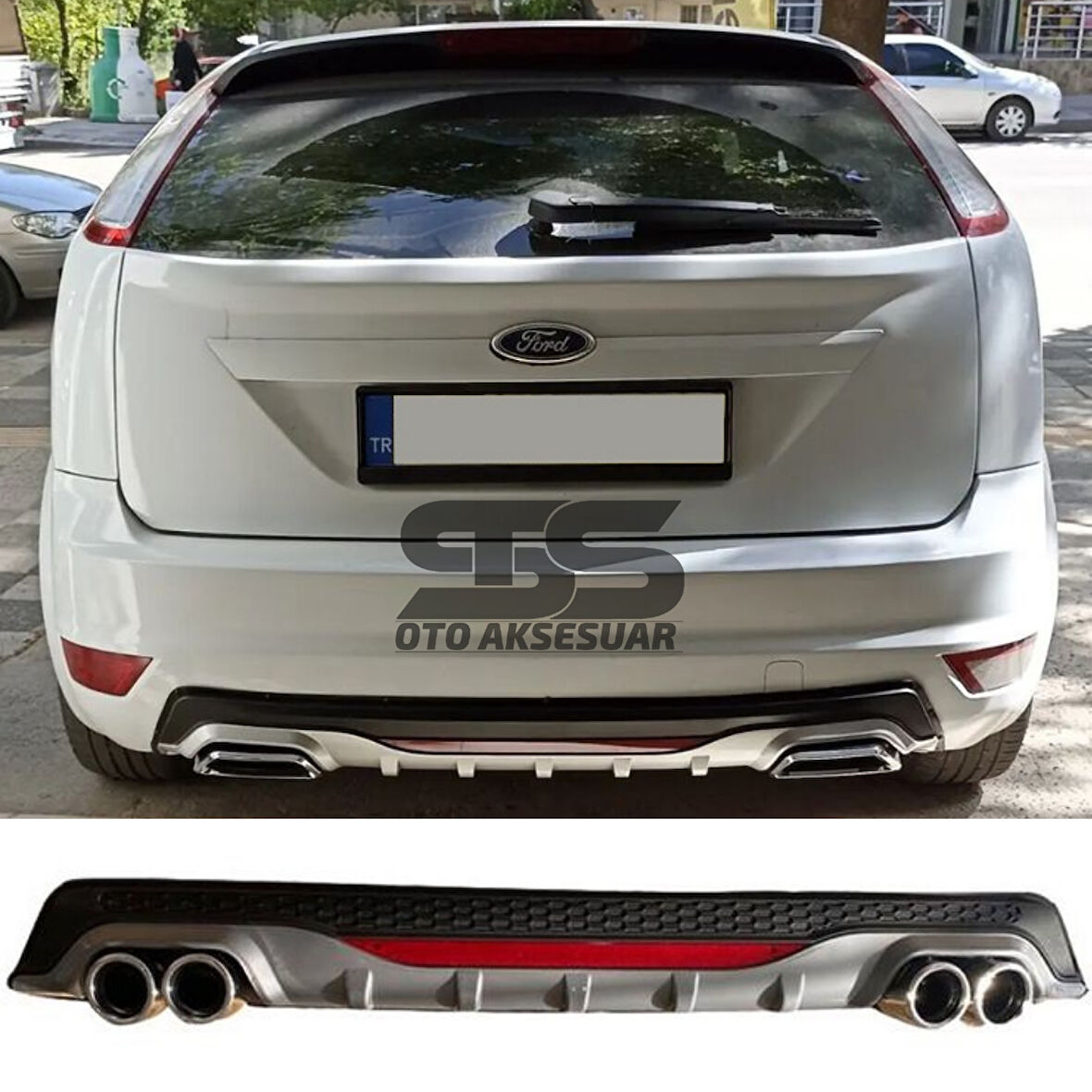 Ford Focus 2 HB Difüzör Arka Tampon Eki 4 Egzoz Çıkışlı Gri Reflektörlü