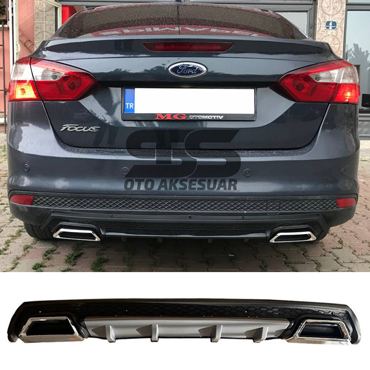 Ford Focus 3 Difüzör Arka Tampon Eki 2 Egzoz Çıkışlı Gri Lüx Tip