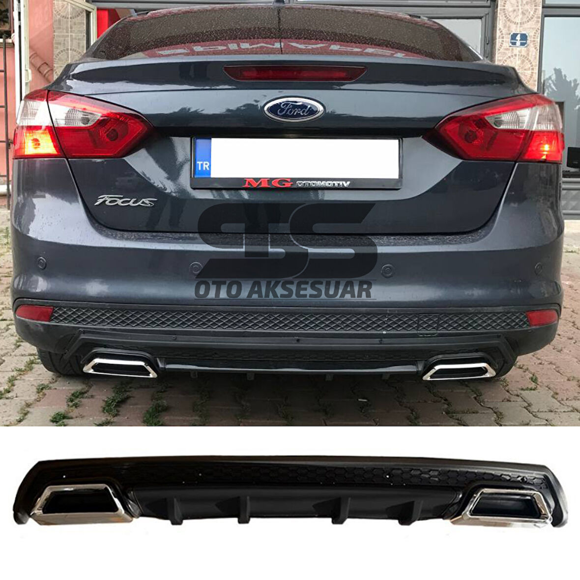 Ford Focus 3 Difüzör Arka Tampon Eki 2 Egzoz Çıkışlı Siyah Lüx Tip