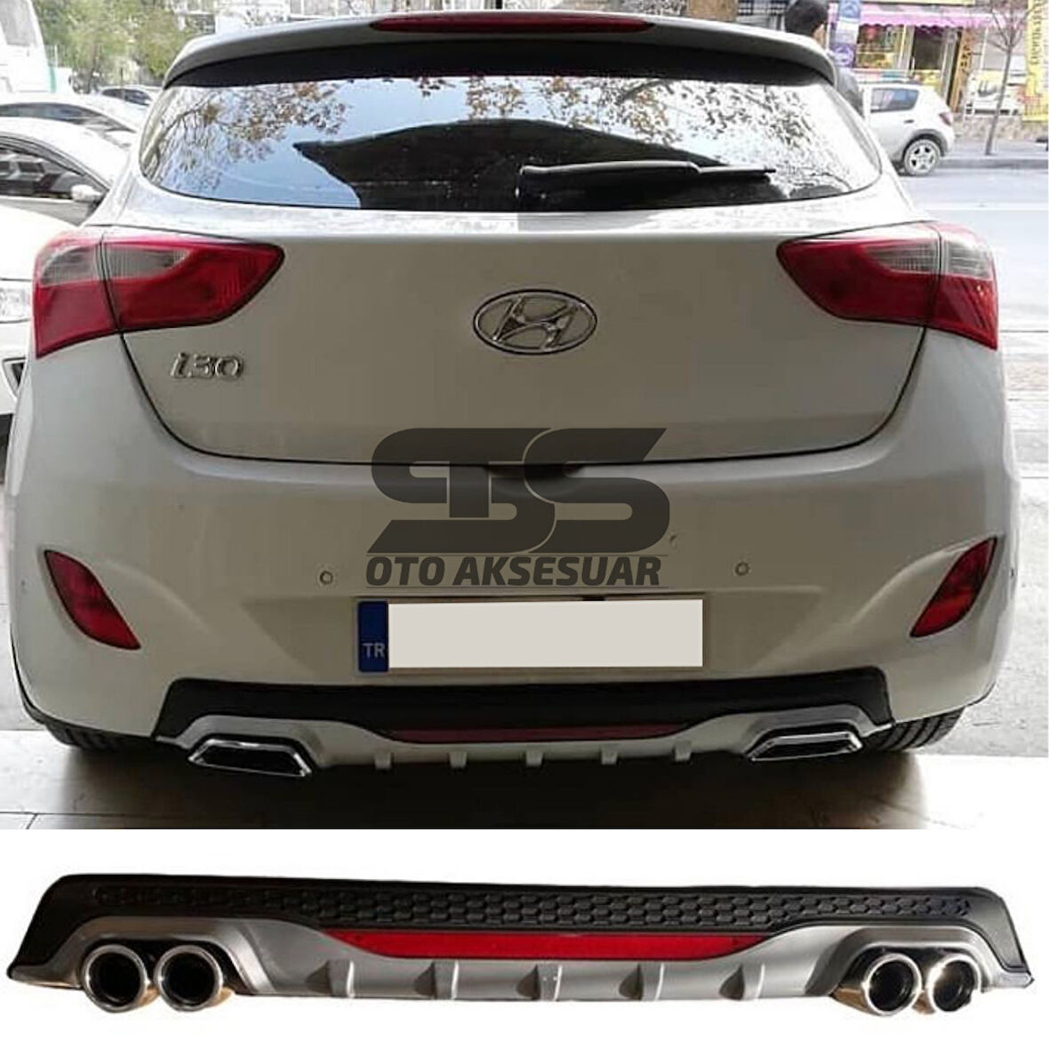 Hyundai i30 Difüzör Arka Tampon Eki 4 Egzoz Çıkışlı Gri Reflektörlü