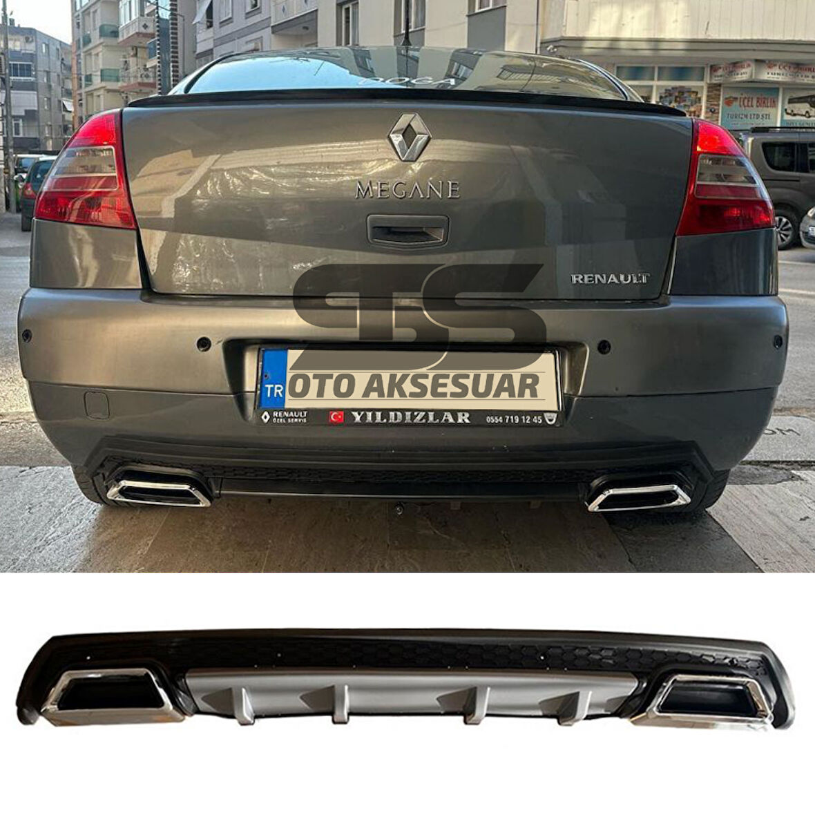 Renault Megane 2 Sedan Difüzör Arka Tampon Eki 2 Egzoz Çıkışlı Gri Lüx Tip