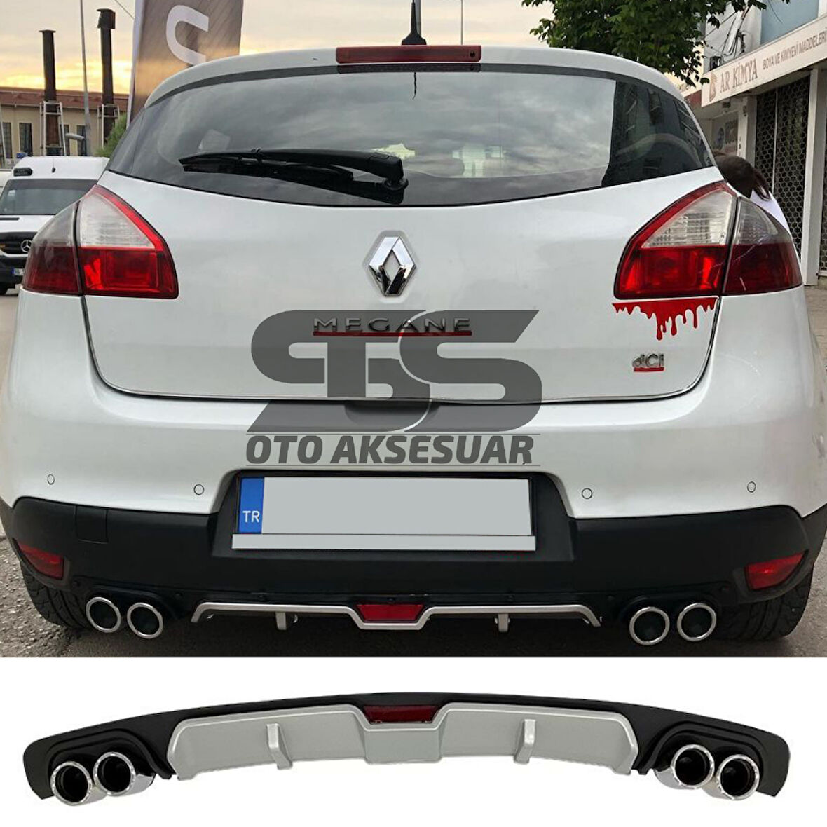 Renault Megane 3 HB Difüzör Arka Tampon Eki 4 Egzoz Çıkışlı Gri