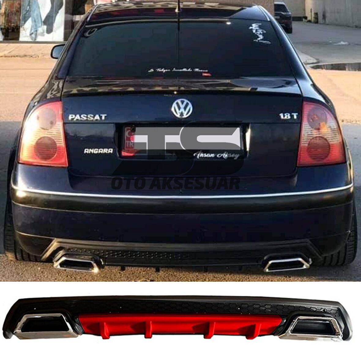 Volkswagen Passat B5 Difüzör Arka Tampon Eki 2 Egzoz Çıkışlı Kırmızı Lüx Tip