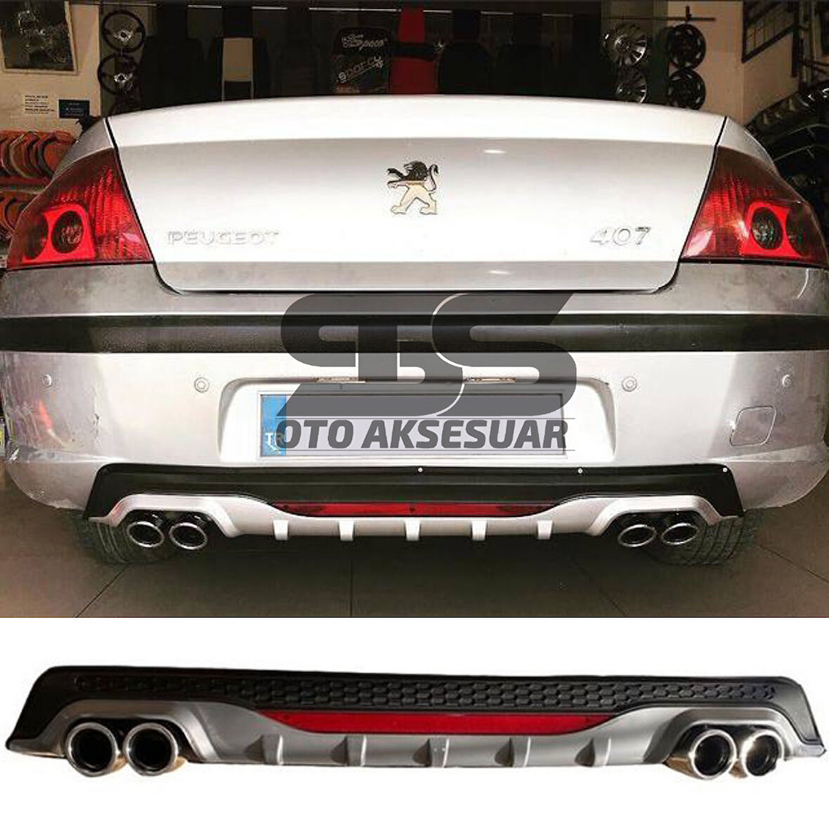 Peugeot 407 Difüzör Arka Tampon Eki 4 Egzoz Çıkışlı Gri Reflektörlü