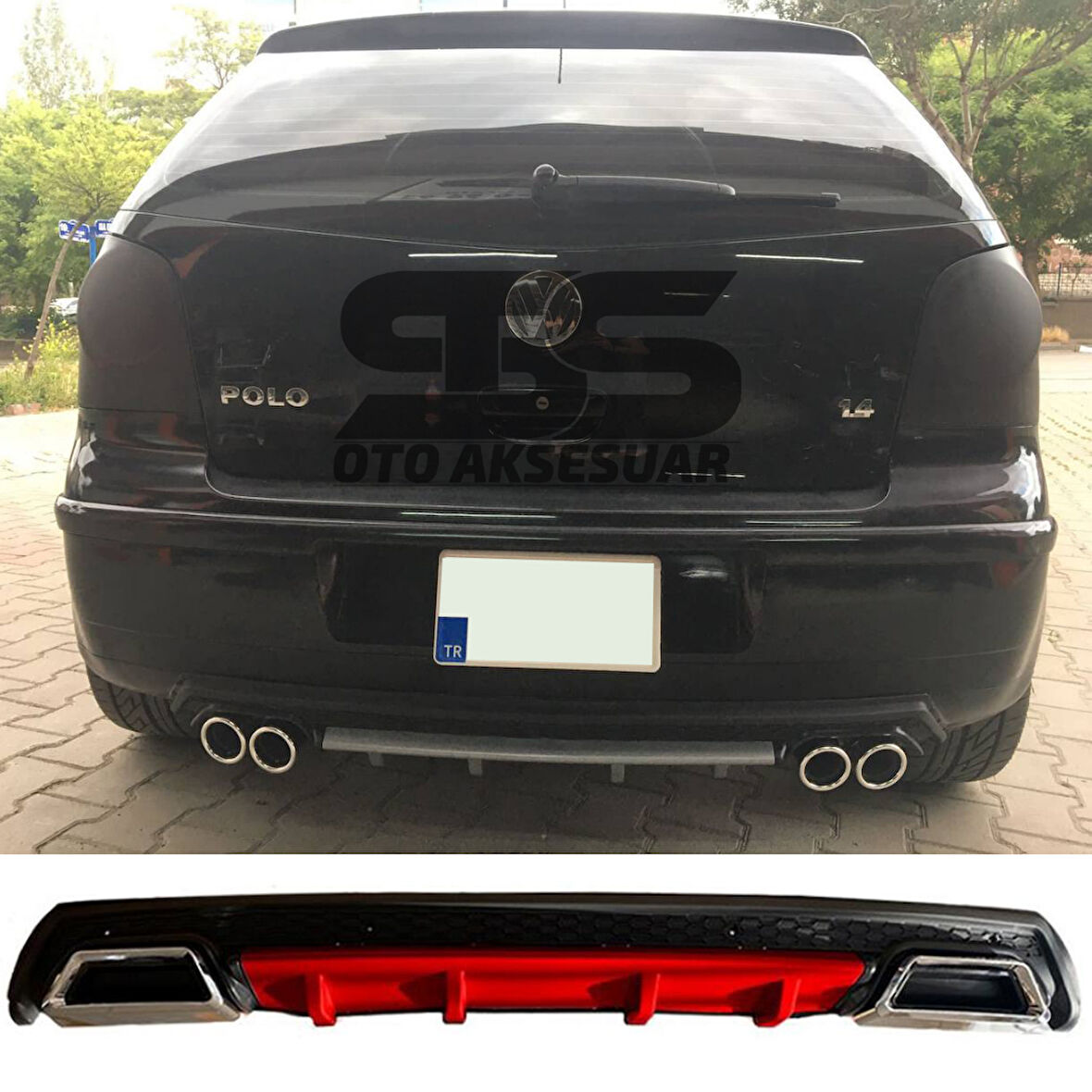 Volkswagen Polo Mk4 Difüzör Arka Tampon Eki 2 Egzoz Çıkışlı Kırmızı Lüx Tip