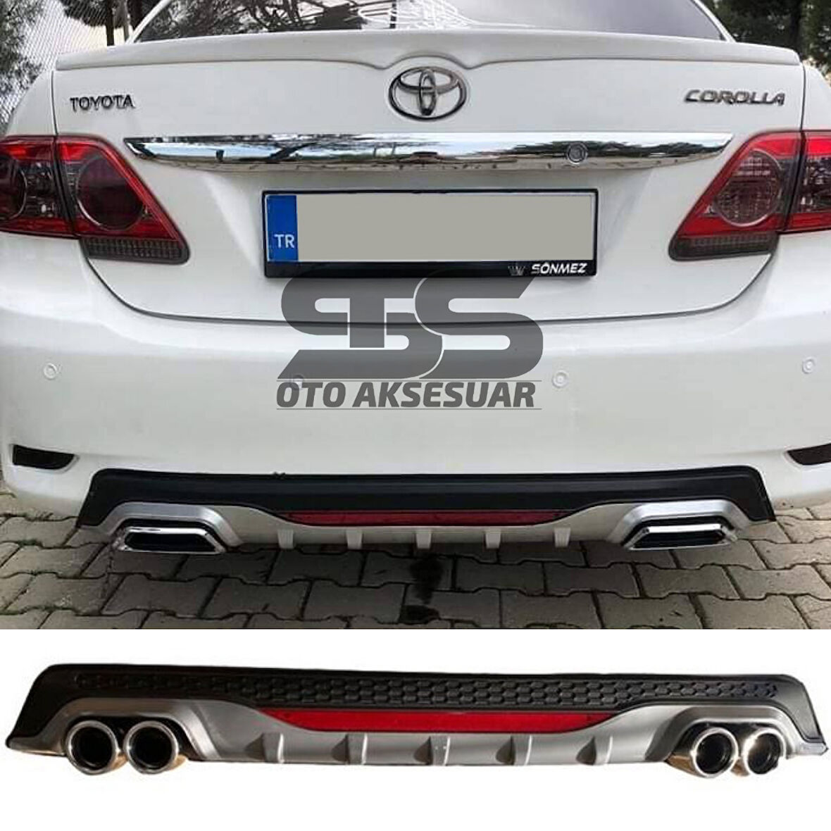 Toyota Corolla 2007-2012 Difüzör Arka Tampon Eki 4 Egzoz Çıkışlı Gri Reflektörlü