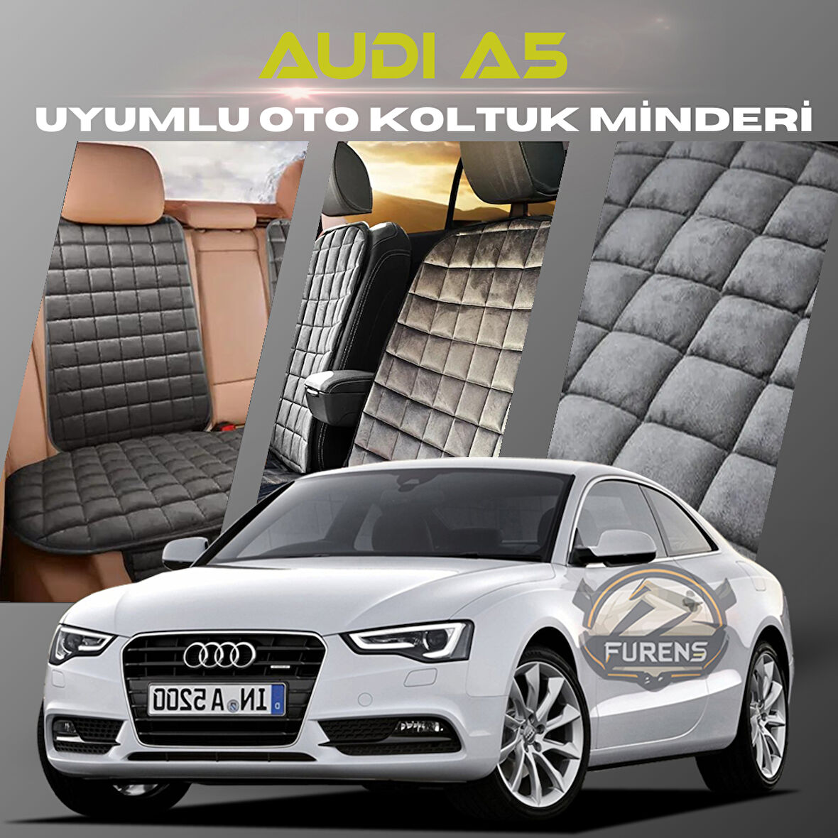 Audi A5 Antrasit Renk Tay Tüyü Cepli & Terletmez Sırtlı Oto Koltuk Minder Seti - Koltuk Koruma Kılıfı (ÖN & ARKA TAM SET)