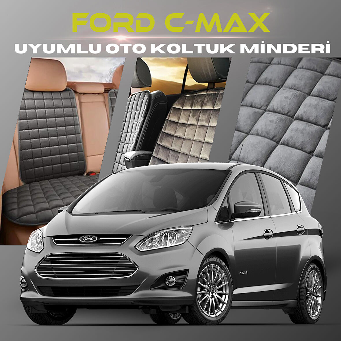 Ford C-MAX Antrasit Renk Tay Tüyü Cepli & Terletmez Sırtlı Oto Koltuk Minder Seti - Koltuk Koruma Kılıfı (ÖN & ARKA TAM SET)