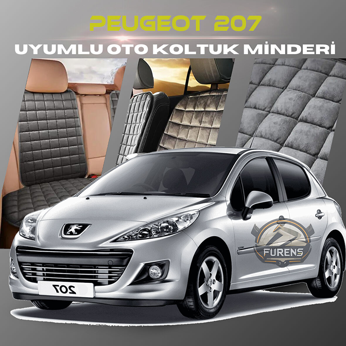 Peugeot 207 Antrasit Renk Tay Tüyü Cepli & Terletmez Sırtlı Oto Koltuk Minder Seti - Koltuk Koruma Kılıfı (ÖN & ARKA TAM SET)