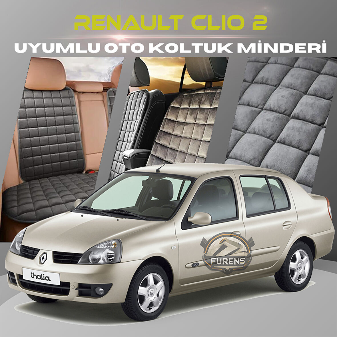 Renault Clio 2 Antrasit Renk Tay Tüyü Cepli & Terletmez Sırtlı Oto Koltuk Minder Seti - Koltuk Koruma Kılıfı (ÖN & ARKA TAM SET)