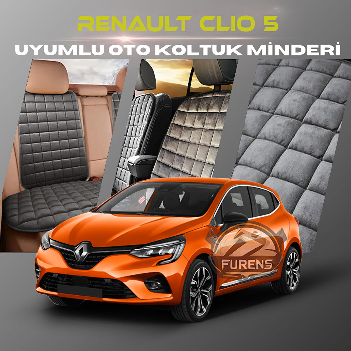 Renault Clio 5 Antrasit Renk Tay Tüyü Cepli & Terletmez Sırtlı Oto Koltuk Minder Seti - Koltuk Koruma Kılıfı (ÖN & ARKA TAM SET)