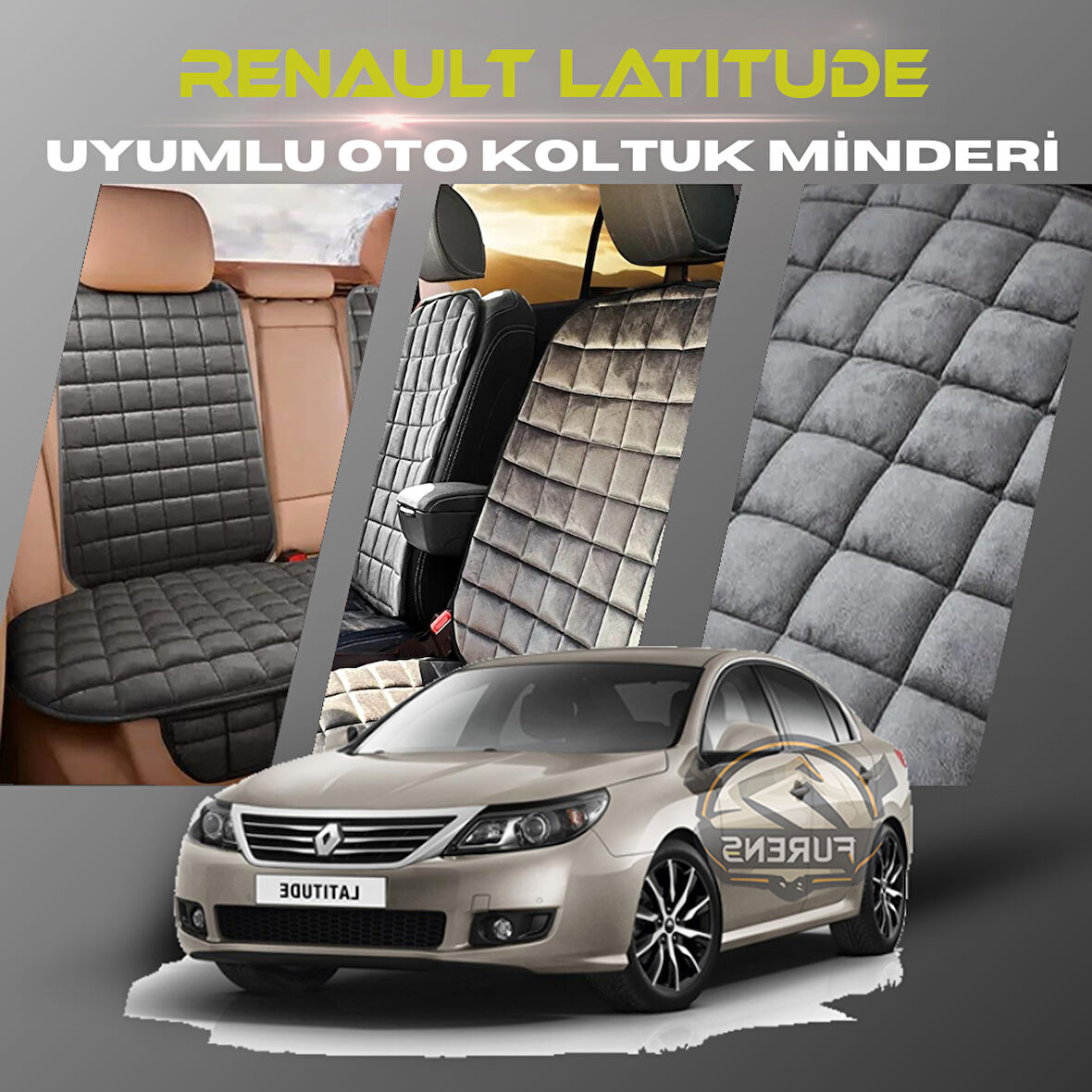 Renault Latitude Antrasit Renk Tay Tüyü Cepli & Terletmez Sırtlı Oto Koltuk Minder Seti - Koltuk Koruma Kılıfı (ÖN & ARKA TAM SET)