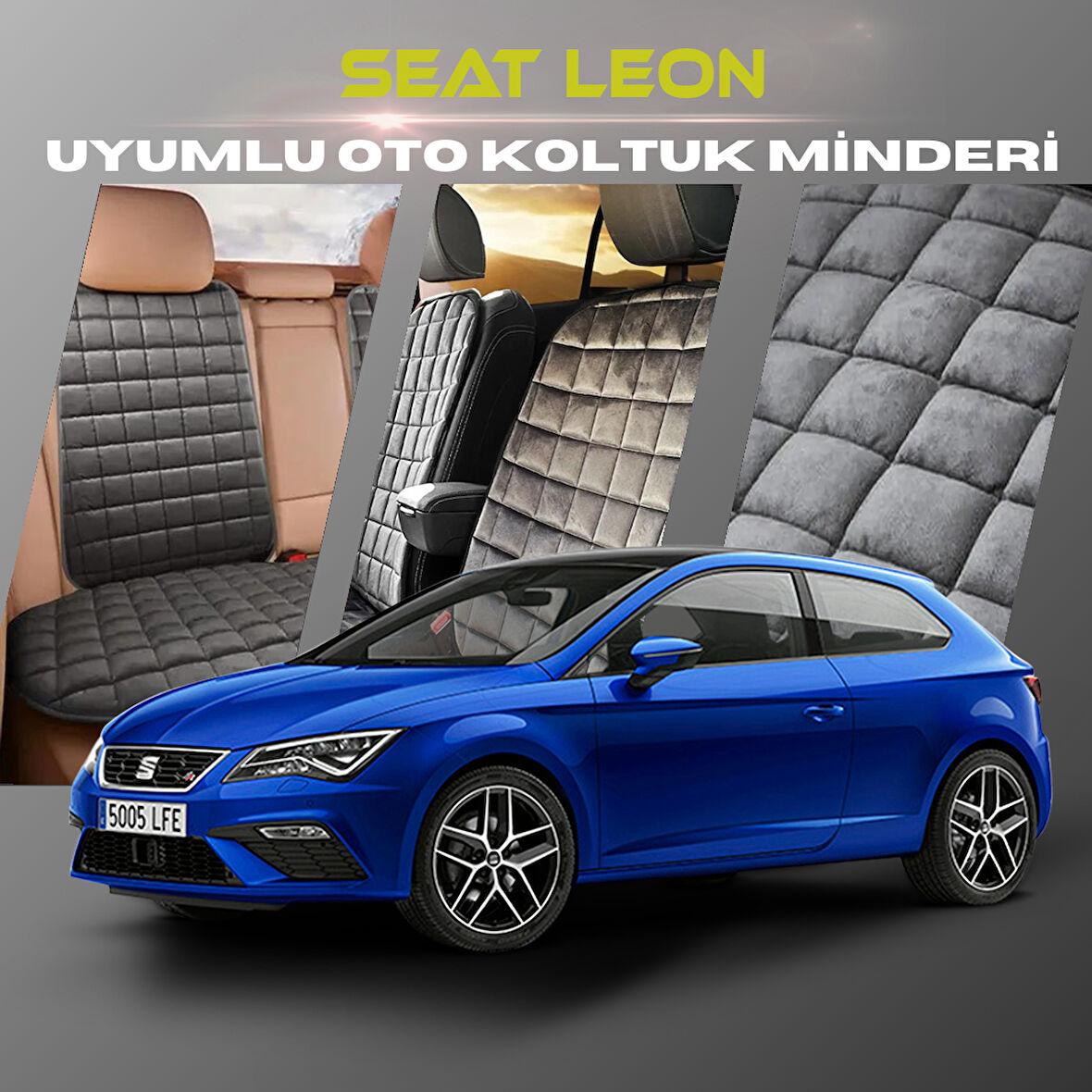 Seat Leon Antrasit Renk Tay Tüyü Cepli & Terletmez Sırtlı Oto Koltuk Minder Seti - Koltuk Koruma Kılıfı (ÖN & ARKA TAM SET)