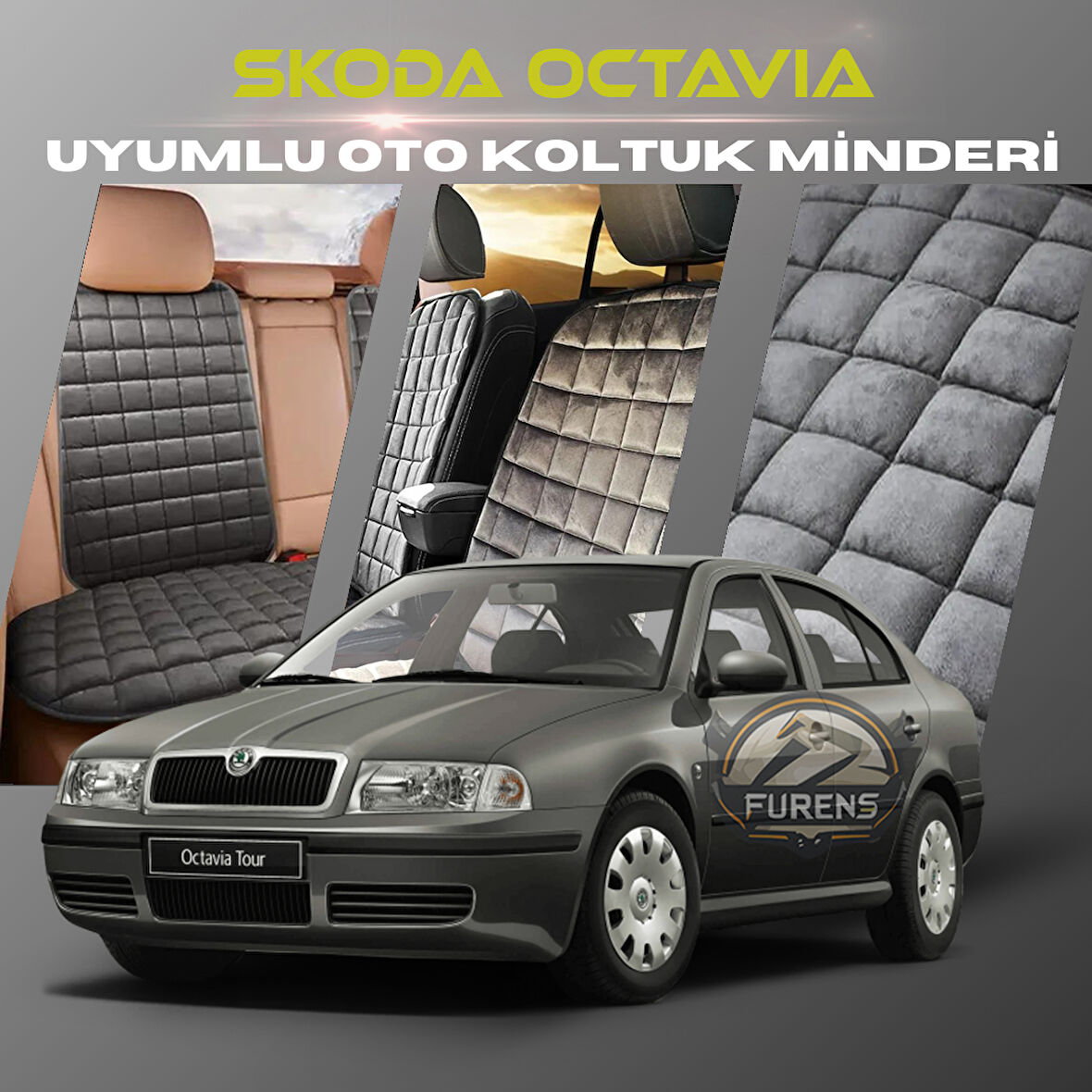 Skoda Octavia Antrasit Renk Tay Tüyü Cepli & Terletmez Sırtlı Oto Koltuk Minder Seti - Koltuk Koruma Kılıfı (ÖN & ARKA TAM SET)